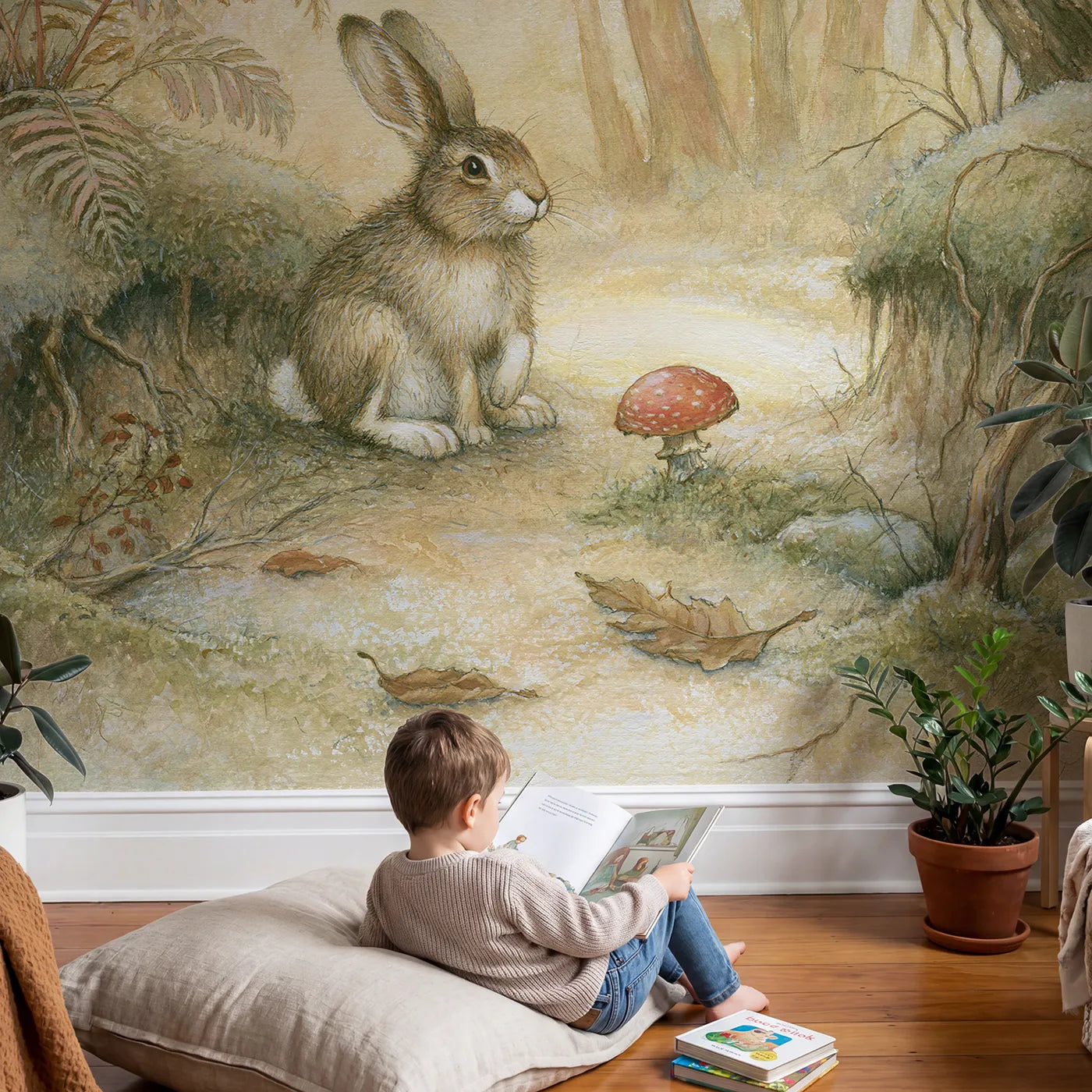 Child in nursery with Hare and Toadstool Wallpaper Mural by Whimsy Tots