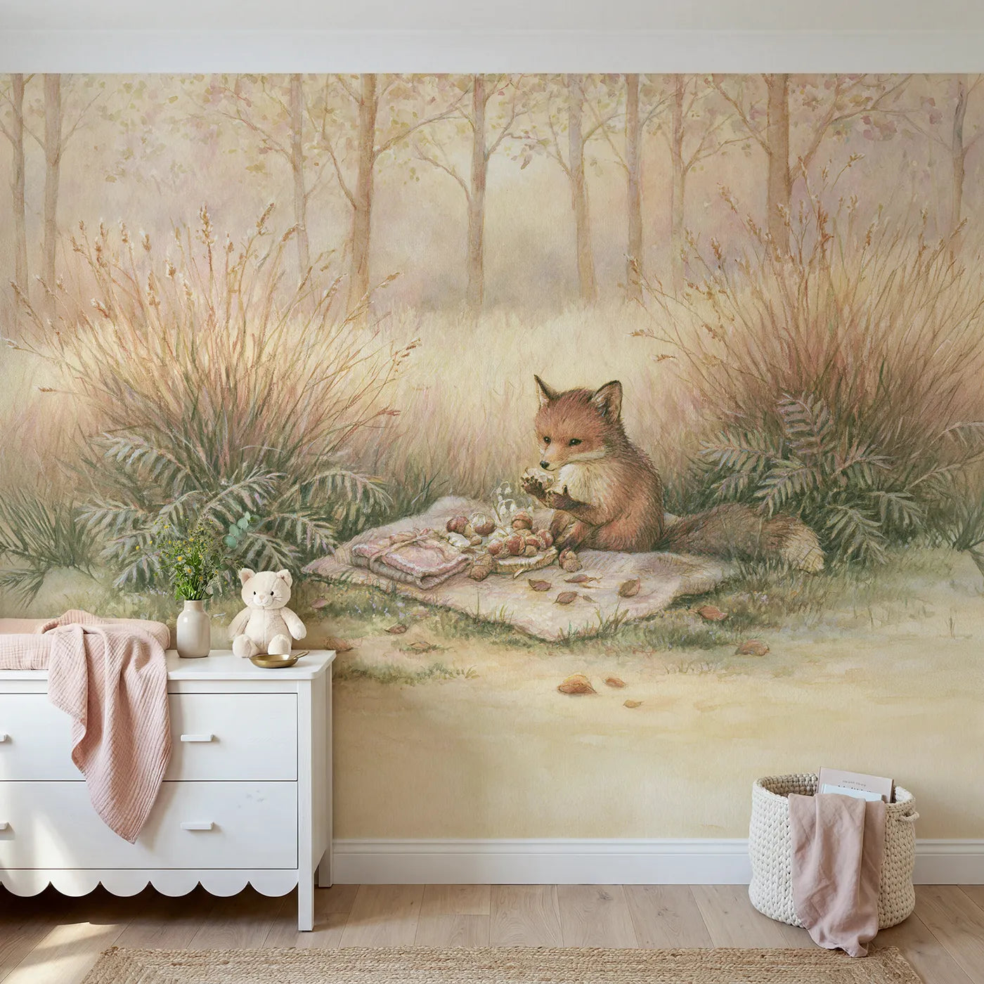Storybook wall mural of a little fox picnic by Whimsy Tots