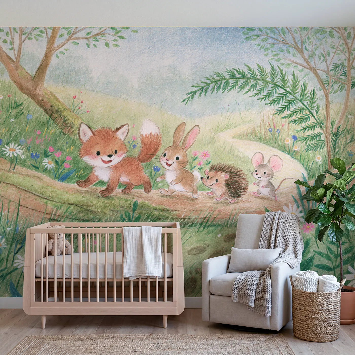 Colored Pencil woodland animals following a fox cub, wall mural for a kids room by Whimsy Tots