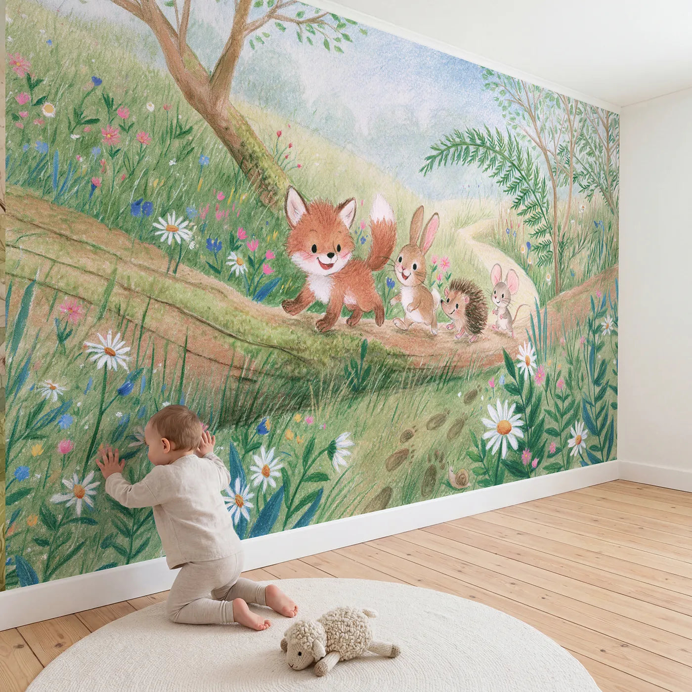 Child in nursery with Fox Follow the Leader Wallpaper Mural by Whimsy Tots