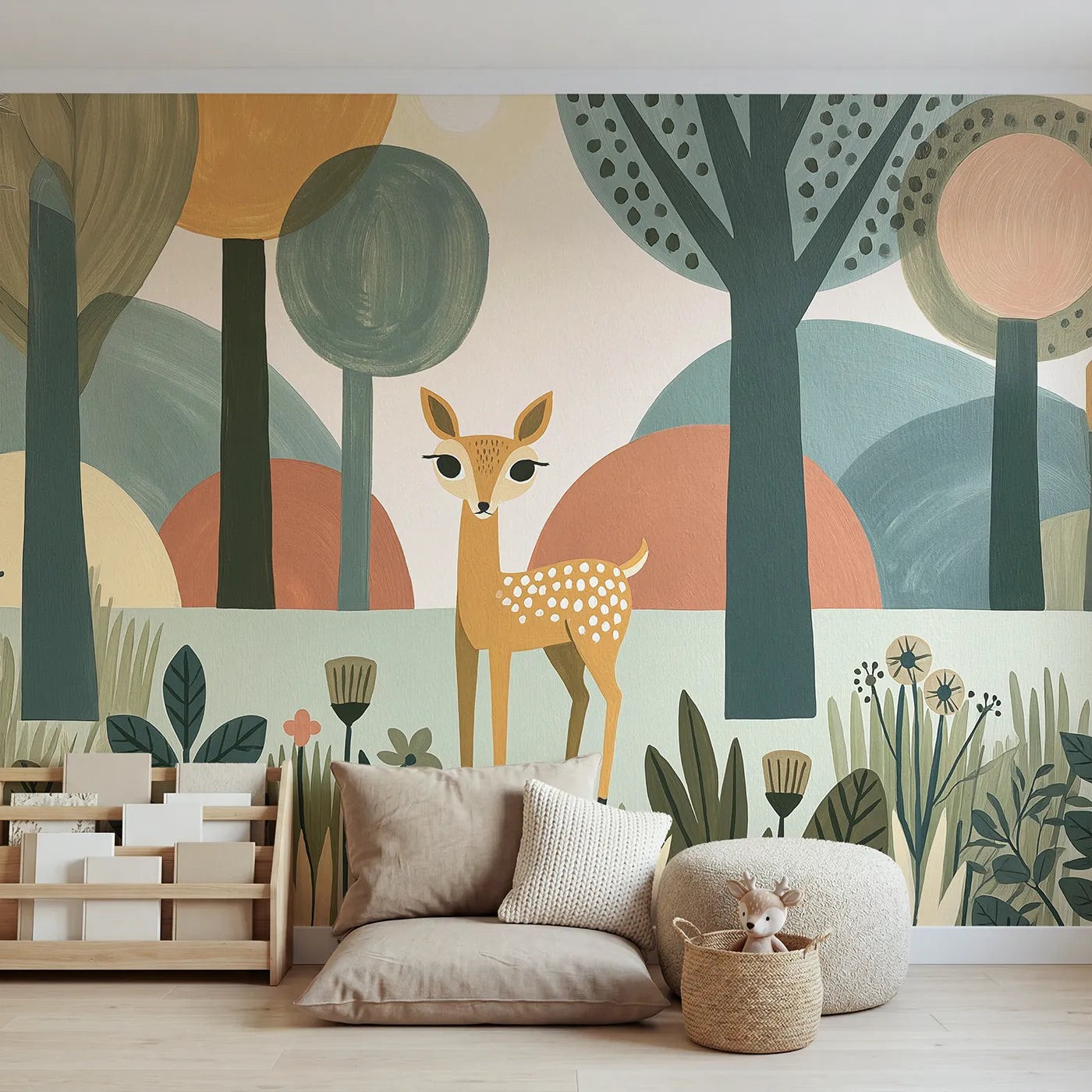 Gouache wall mural of a bold folk forest deer by Whimsy Tots