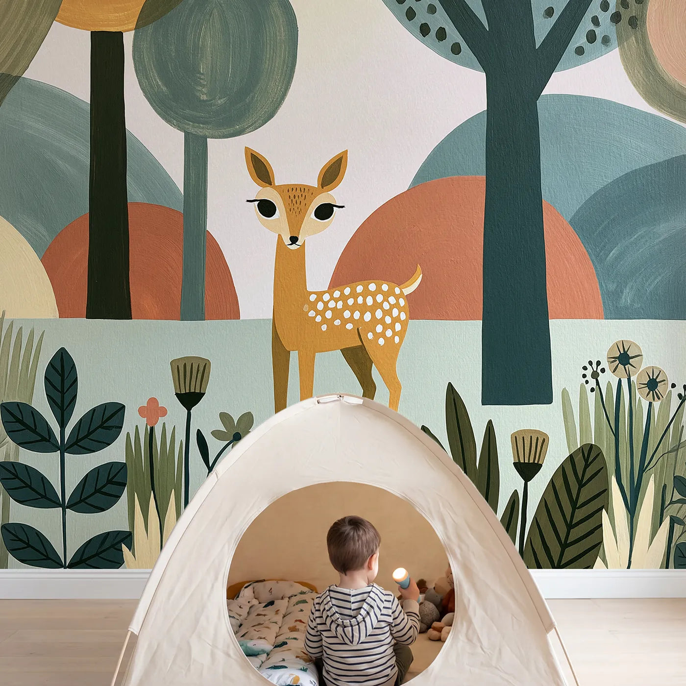 Child in nursery with Folk Forest Deer Wallpaper Mural by Whimsy Tots