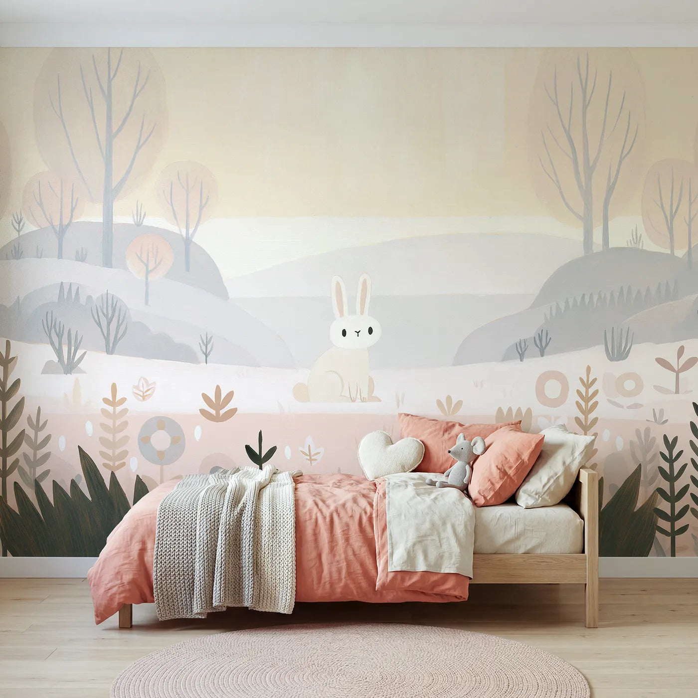 Gouache wall mural of a charming folk rabbit by Whimsy Tots