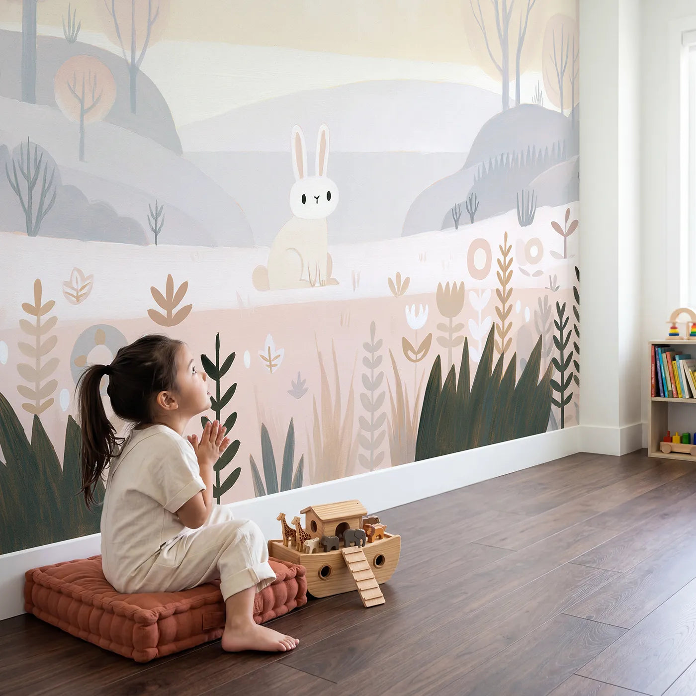 Child in nursery with Folk Rabbit Charm Wallpaper Mural by Whimsy Tots
