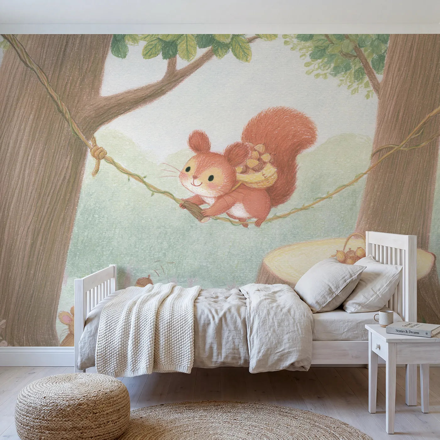 Colored Pencil squirrel riding a vine zip line, wall mural for a playroom by Whimsy Tots