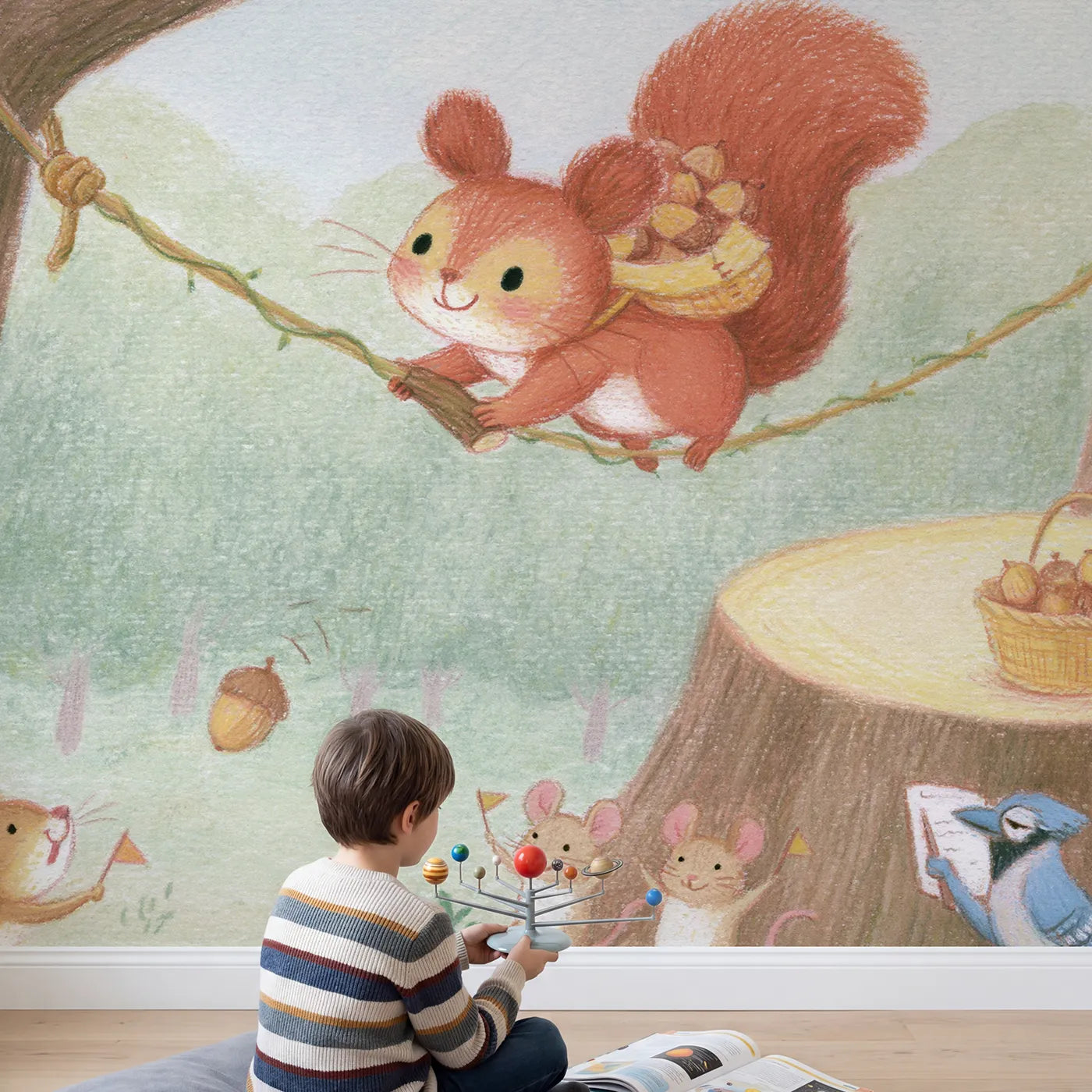Child in nursery with Squirrel Acorn Zip Line Wallpaper Mural by Whimsy Tots