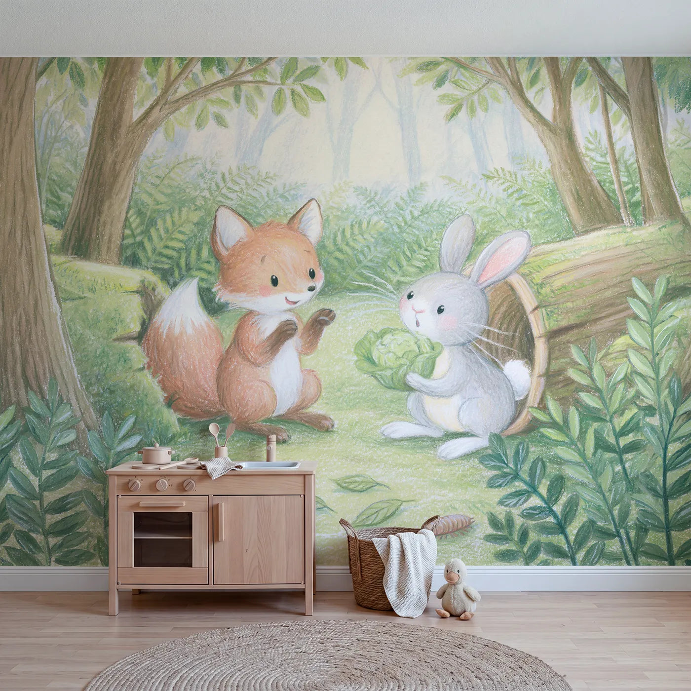 Colored Pencil fox cub calling into a hollow log, wall mural for a bedroom by Whimsy Tots