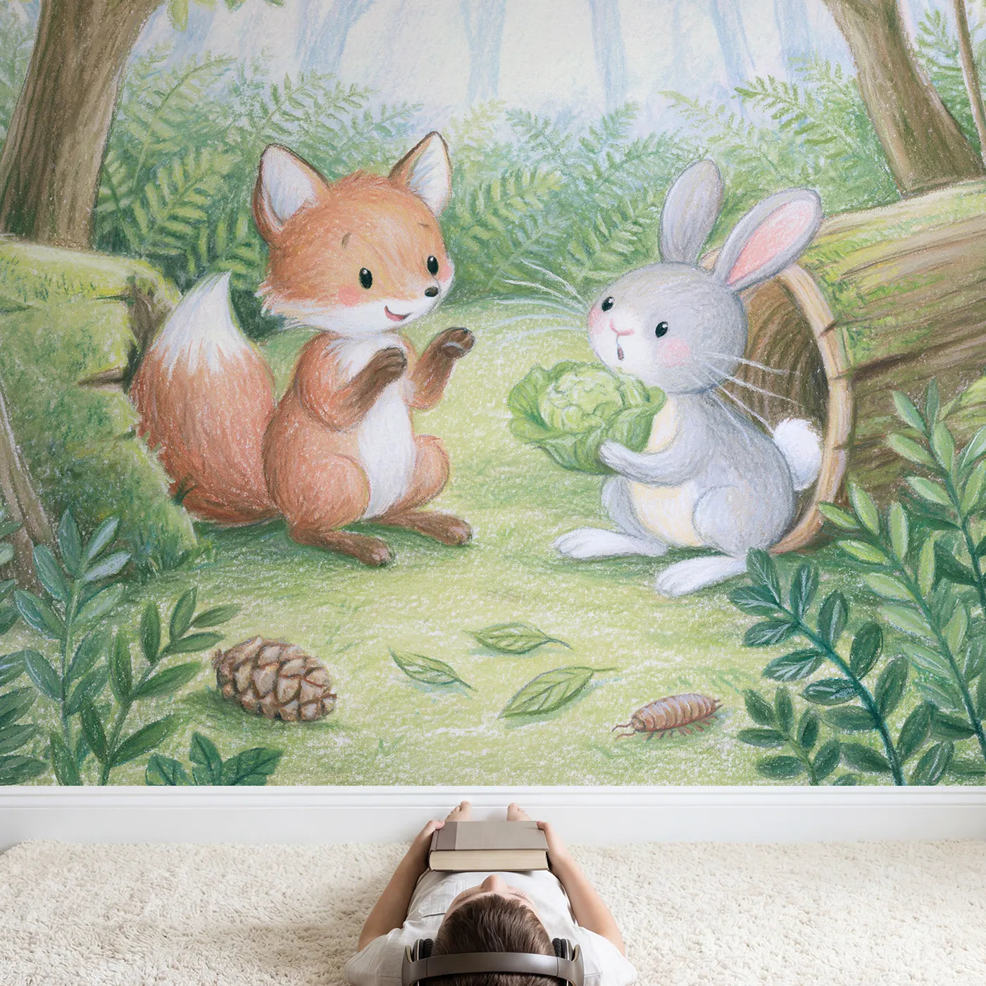 Child in nursery with Hello in the Hollow Log Wallpaper Mural by Whimsy Tots