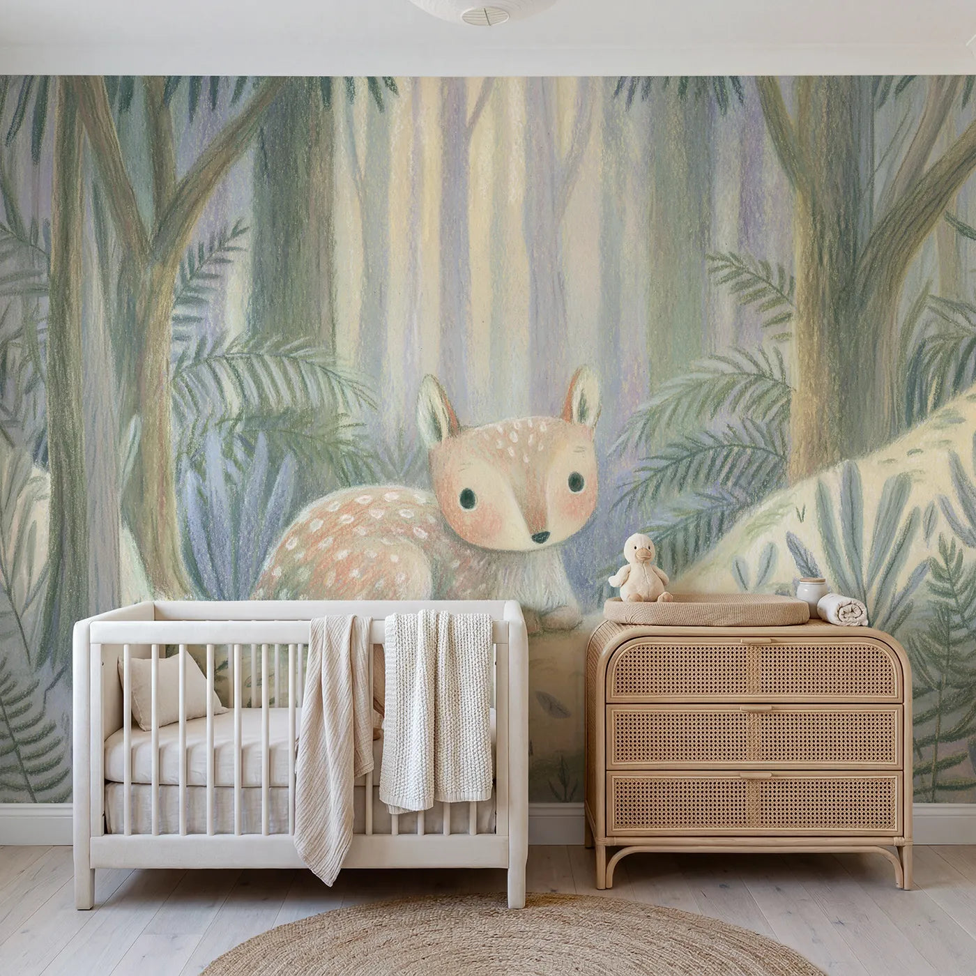 Colored-pencil wall mural of a soft pastel fawn by Whimsy Tots