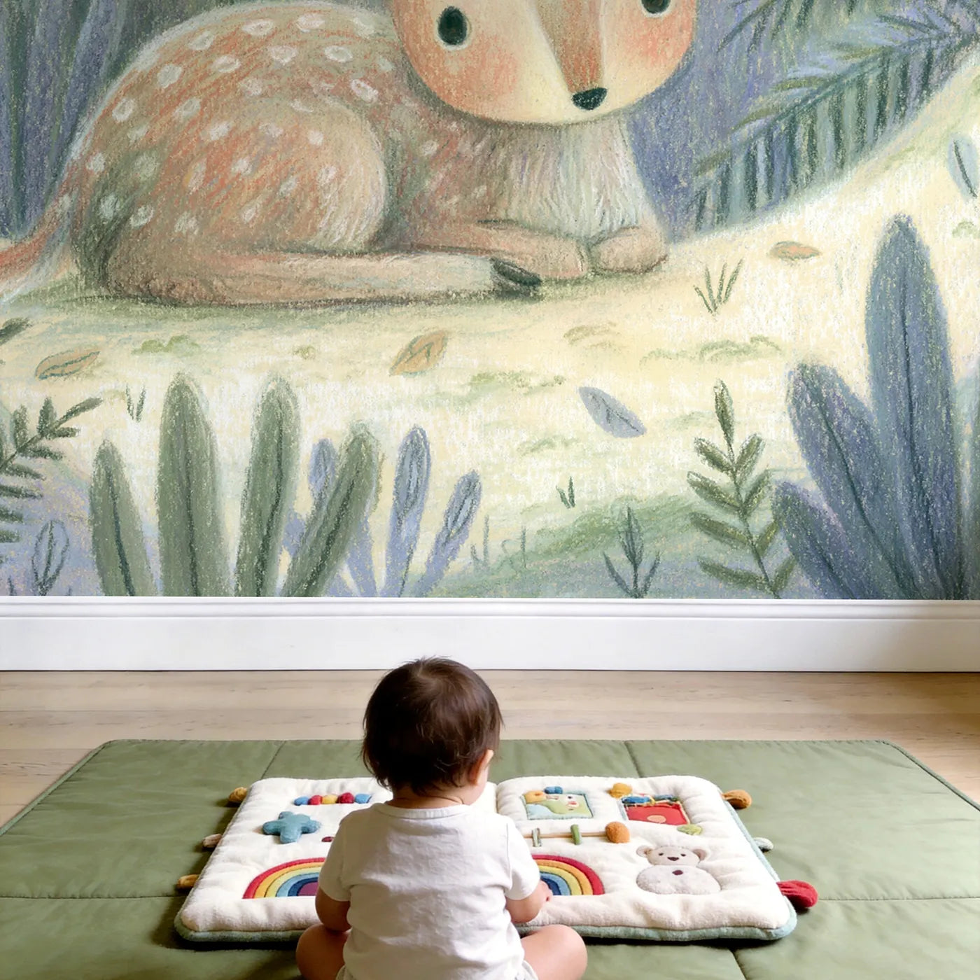 Child in nursery with Pencil Soft Fawn Wallpaper Mural by Whimsy Tots