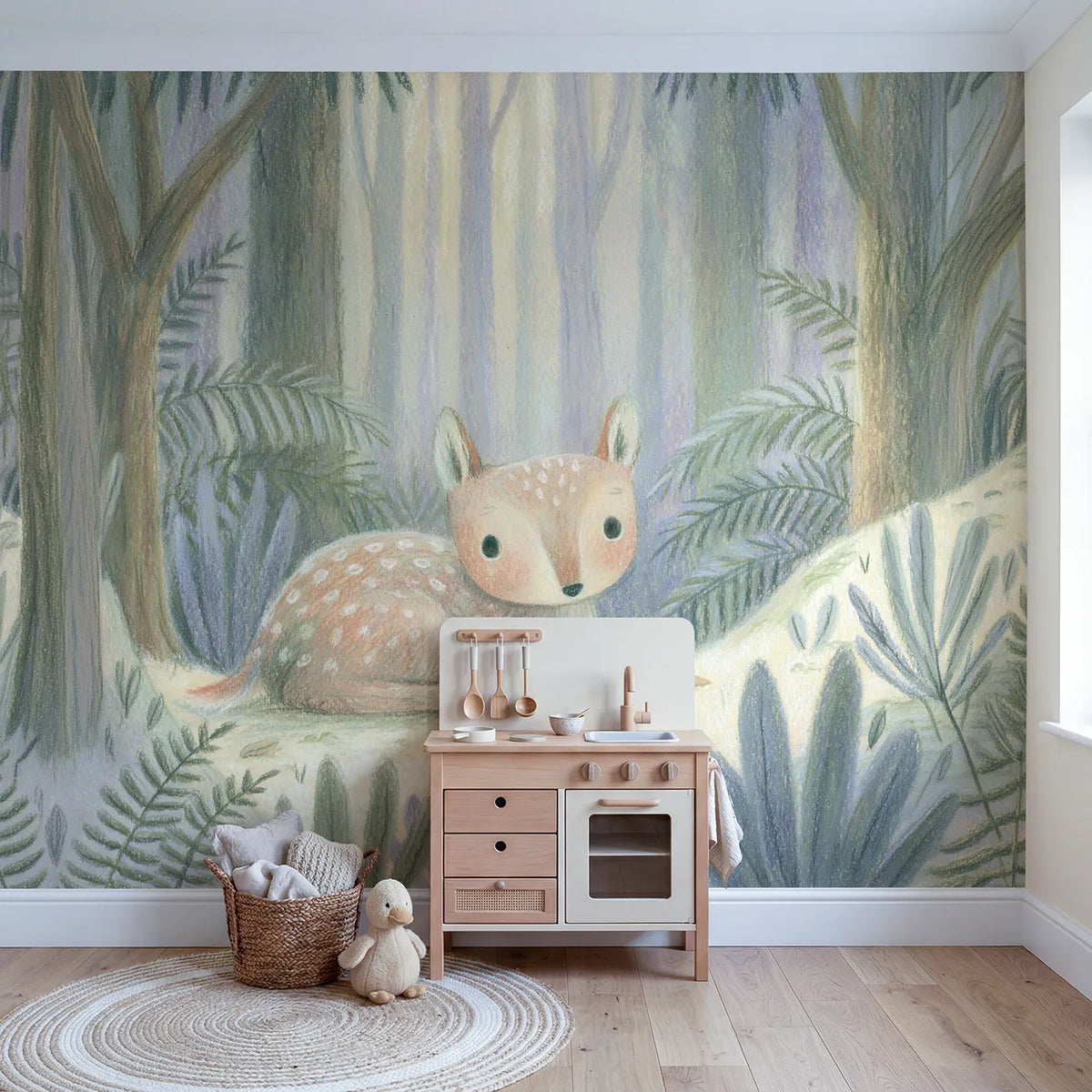 Pencil Soft Fawn Wallpaper Mural in playroom setting by Whimsy Tots