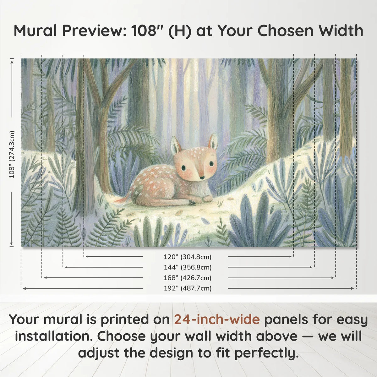 Panel layout and dimensions for Pencil Soft Fawn Wallpaper Mural by Whimsy Tots