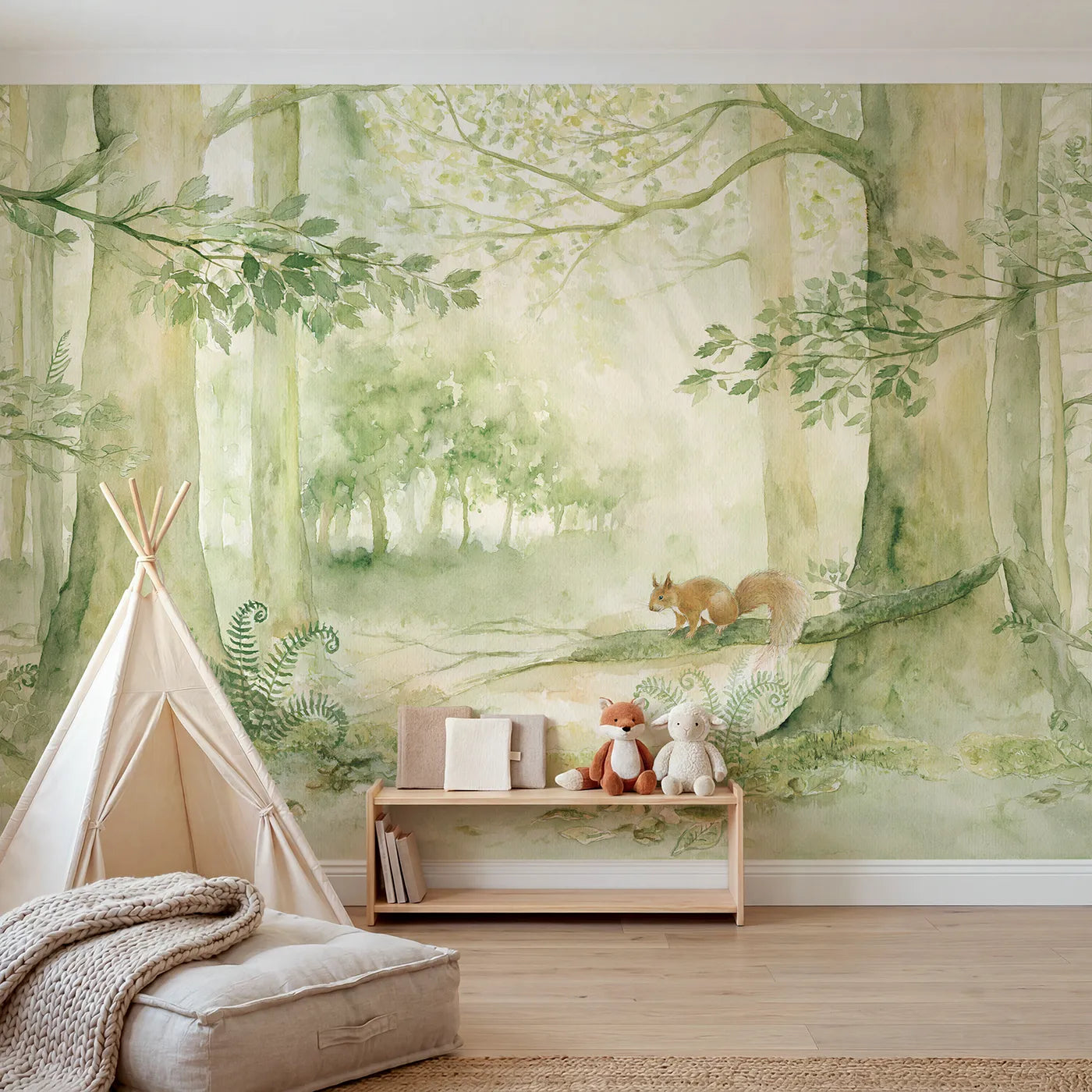 Watercolor wall mural of a squirrel in misty wood by Whimsy Tots