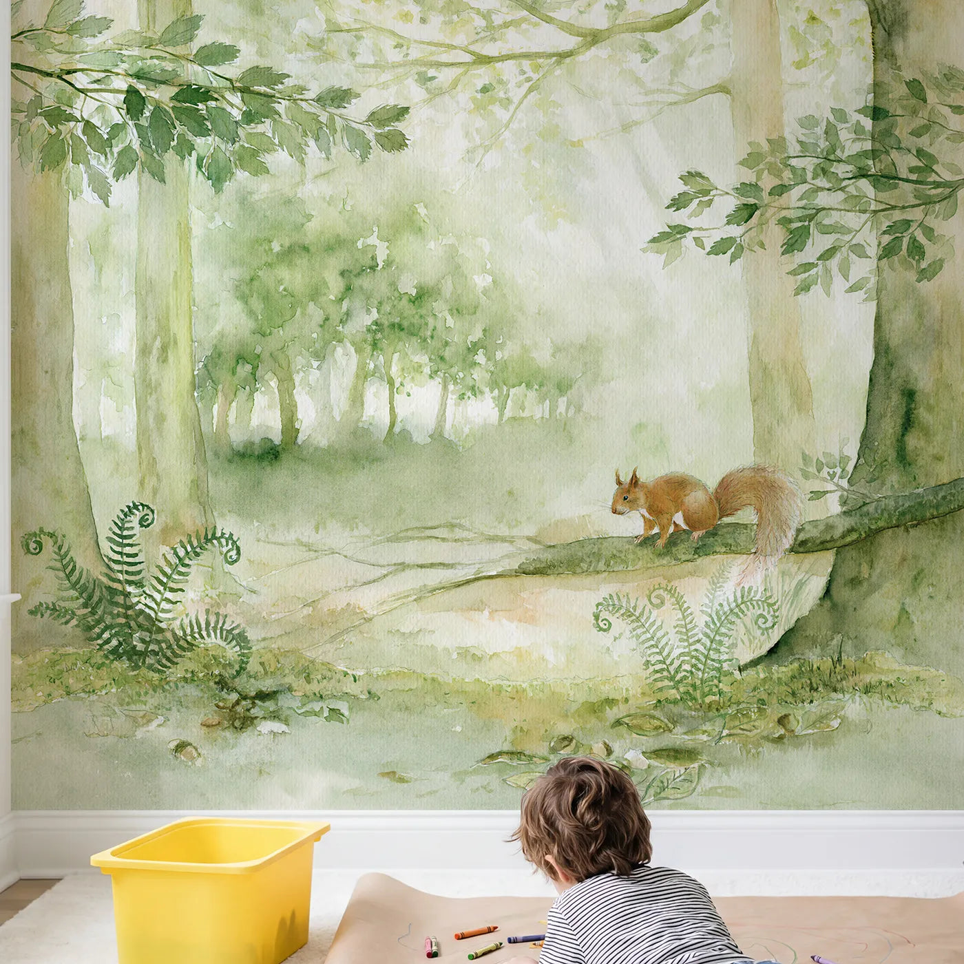 Child in nursery with Misty Squirrel Wood Wallpaper Mural by Whimsy Tots
