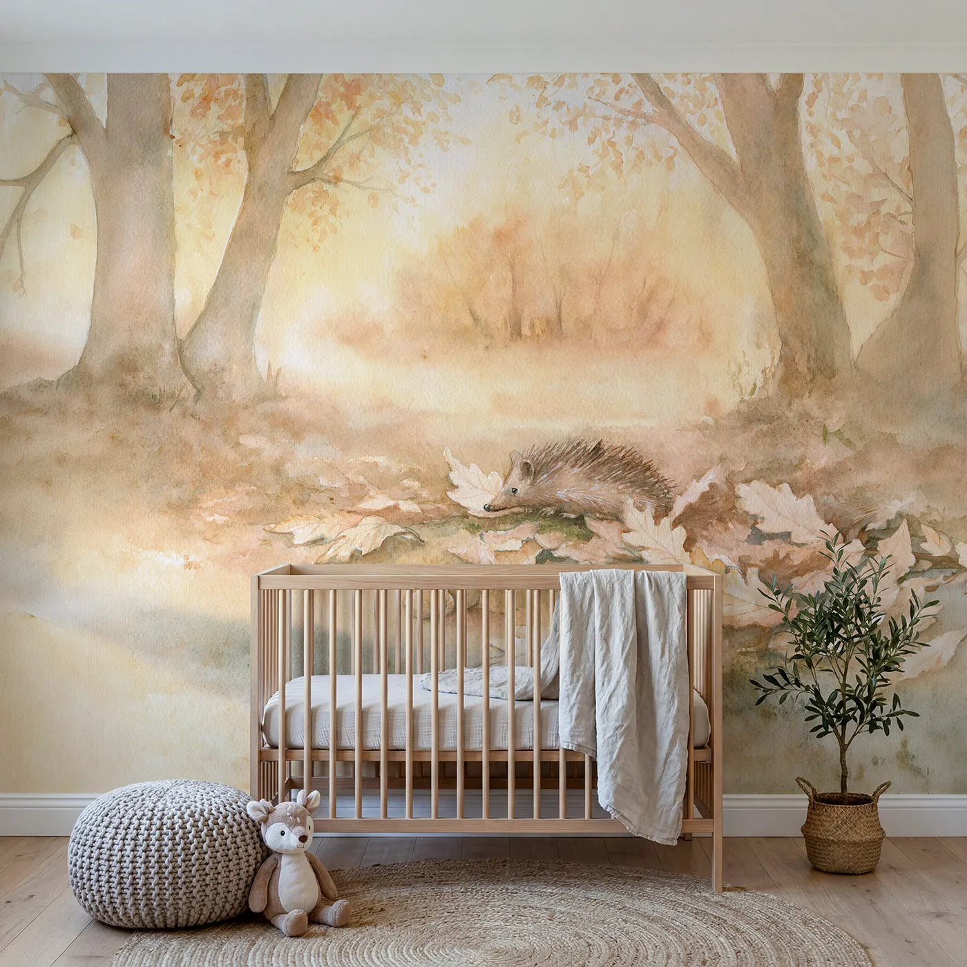 Watercolor wall mural of a hedgehog in autumn glow by Whimsy Tots