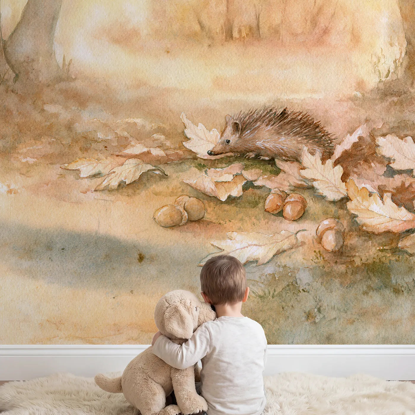 Child in nursery with Hedgehog Autumn Glow Wallpaper Mural by Whimsy Tots