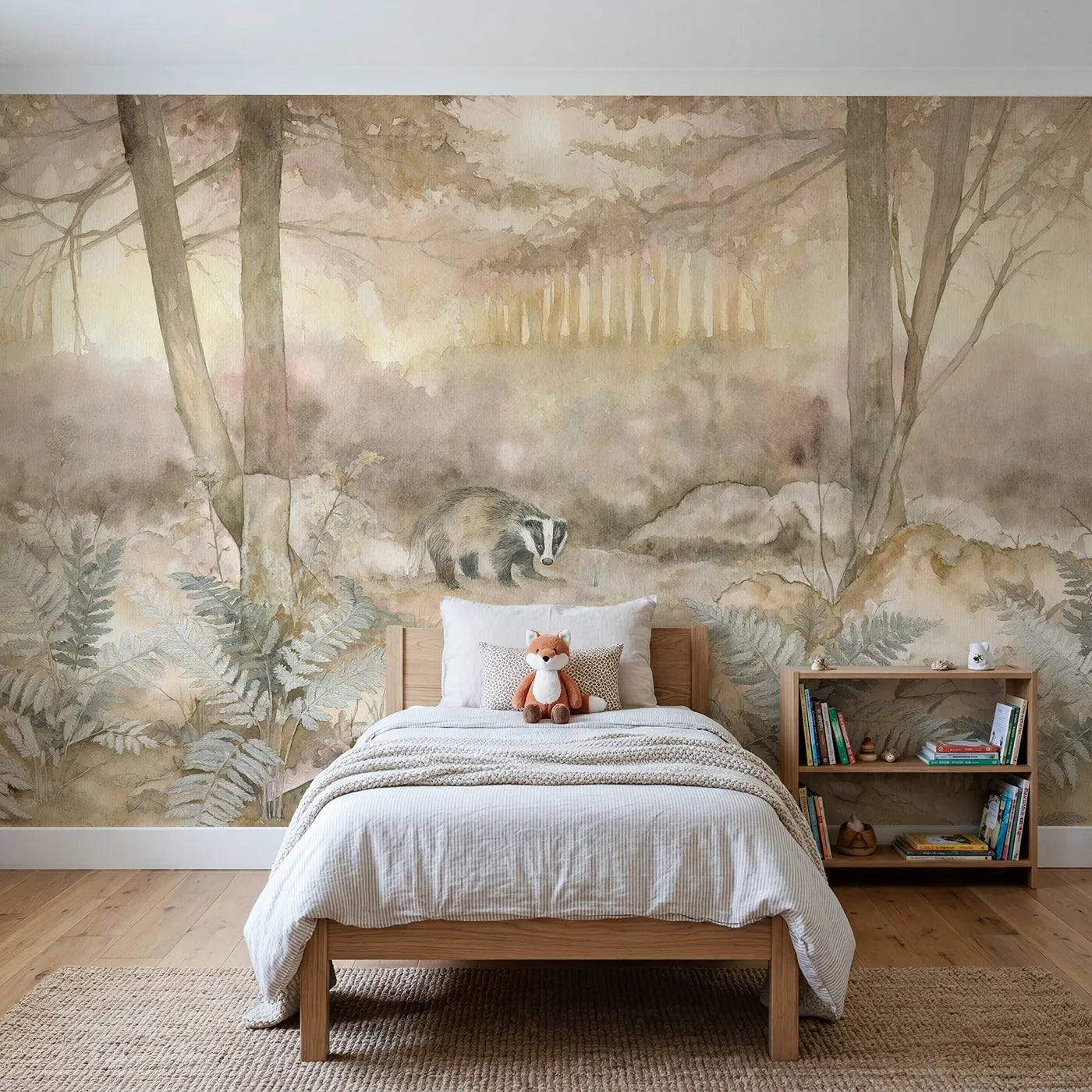 Watercolor wall mural of a badger in twilight wood by Whimsy Tots