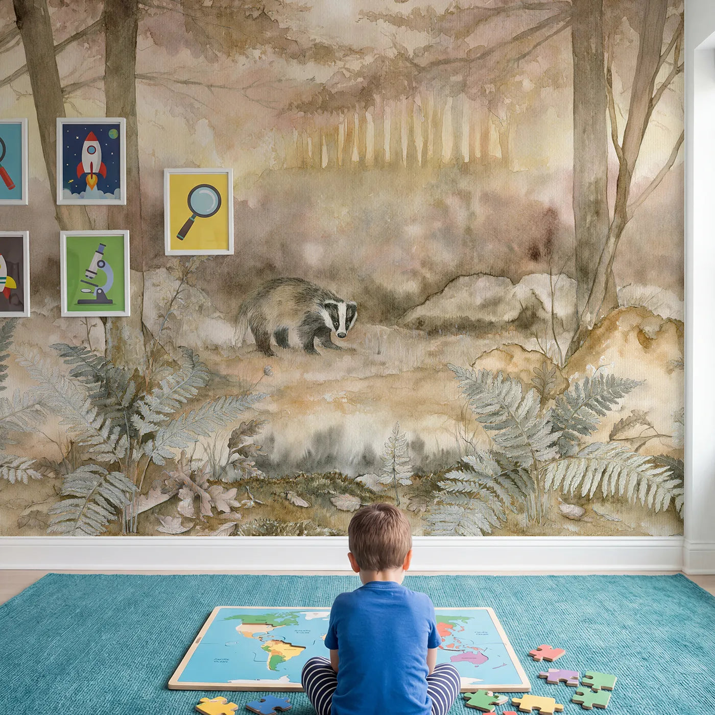 Child in nursery with Badger Twilight Wood Wallpaper Mural by Whimsy Tots