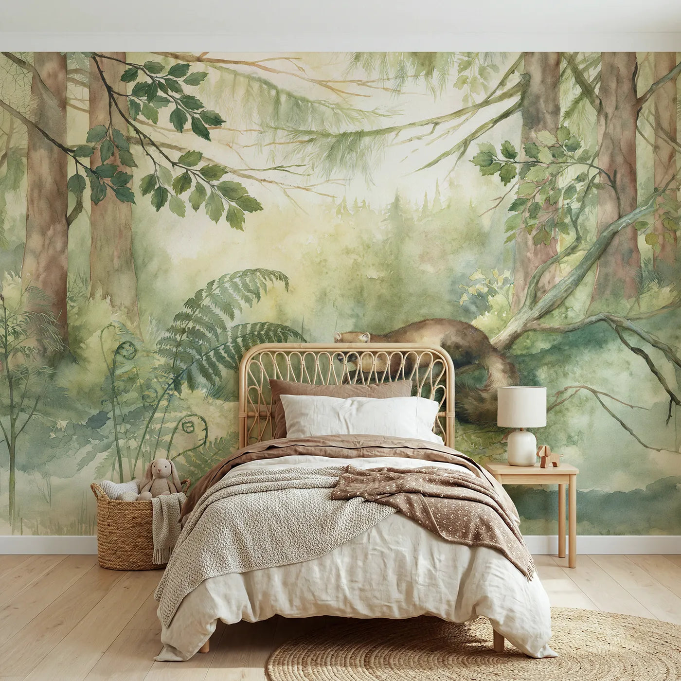 Watercolor wall mural of a pine marten at rest by Whimsy Tots
