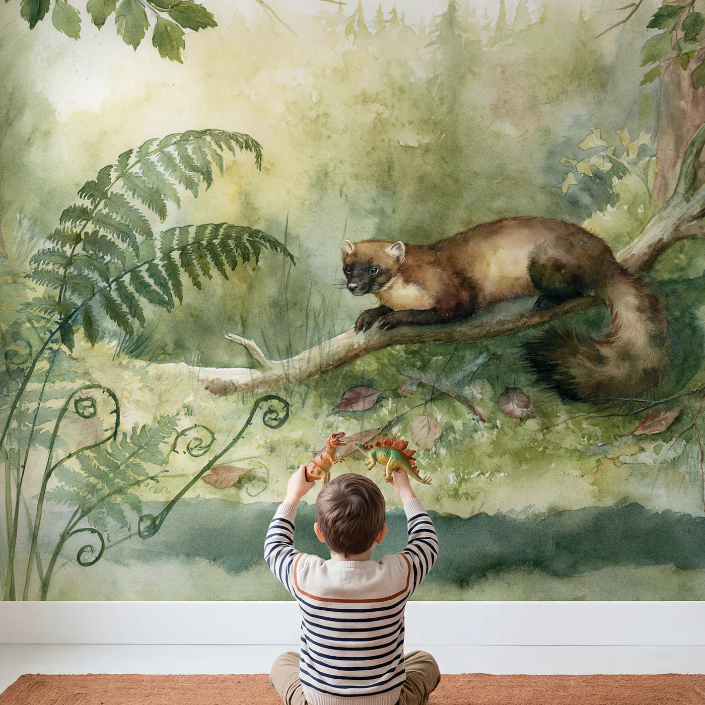 Child in nursery with Hazy Pine Marten Wallpaper Mural by Whimsy Tots