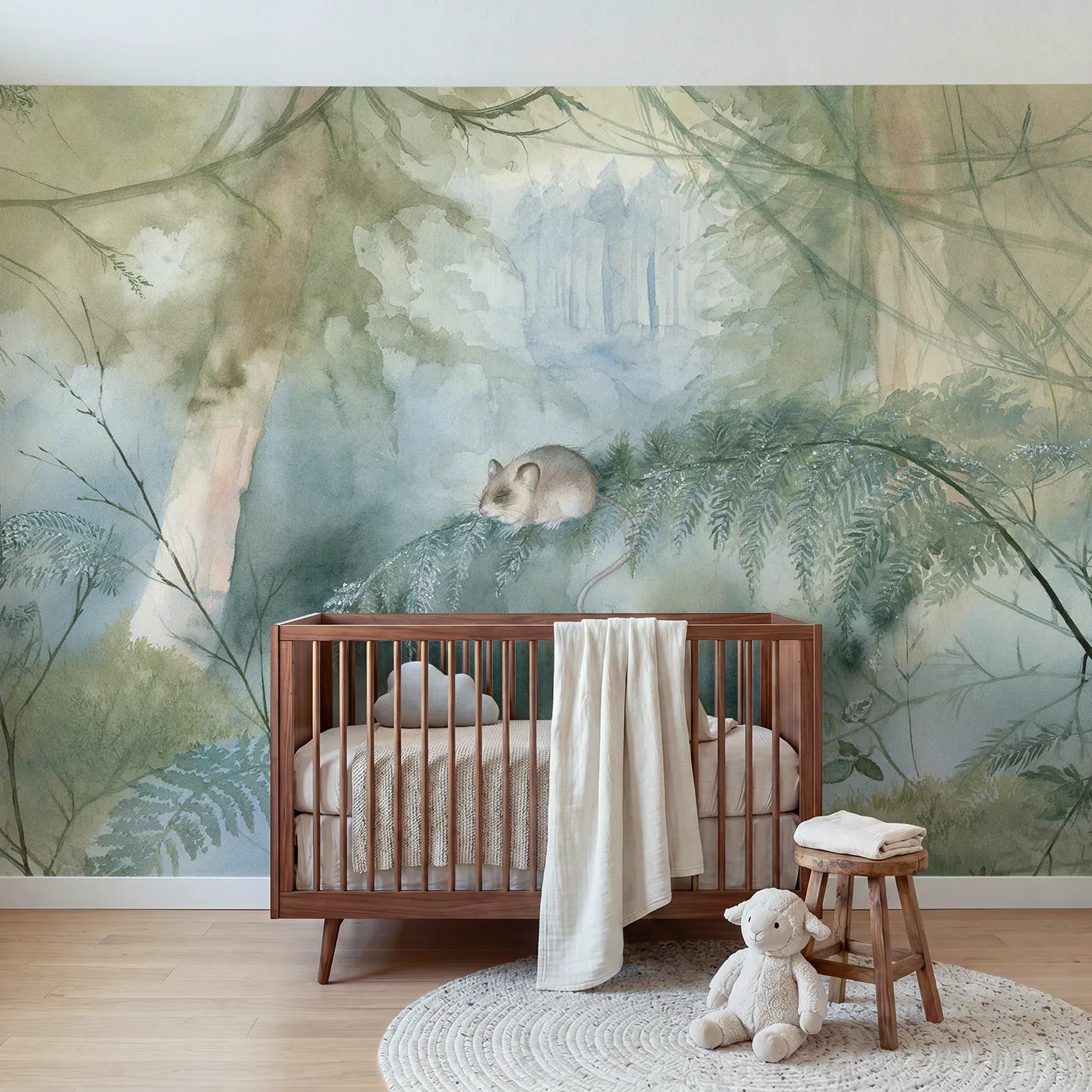 Watercolor wall mural of a dormouse at dewy dawn by Whimsy Tots
