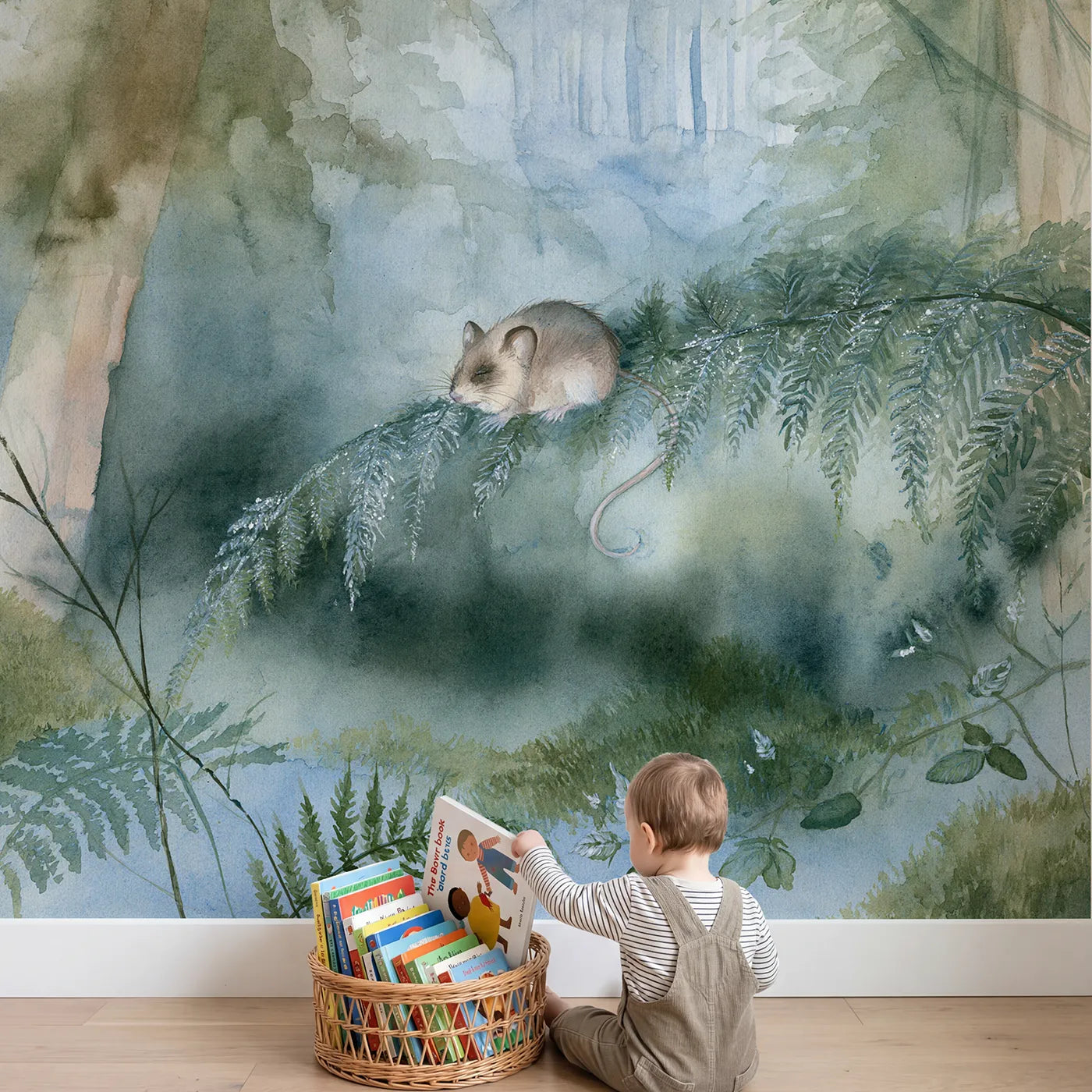Child in nursery with Dewy Dormouse Dawn Wallpaper Mural by Whimsy Tots