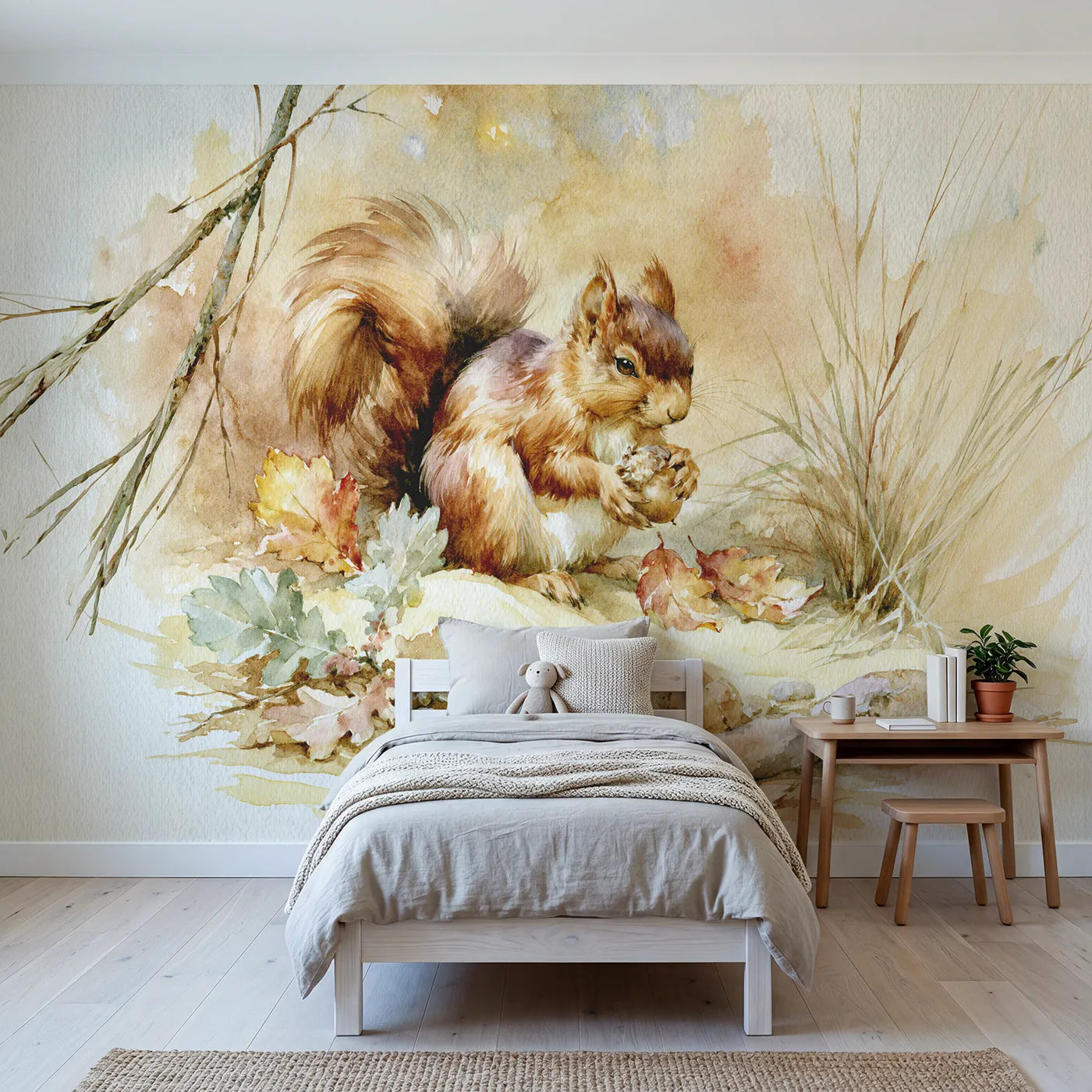 Watercolor wall mural of a red squirrel with acorn by Whimsy Tots
