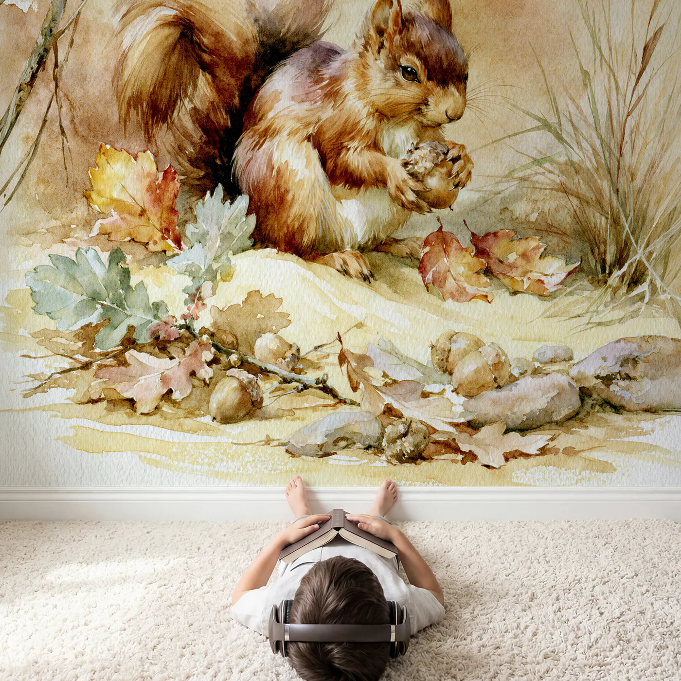 Child in nursery with Red Squirrel Study Wallpaper Mural by Whimsy Tots