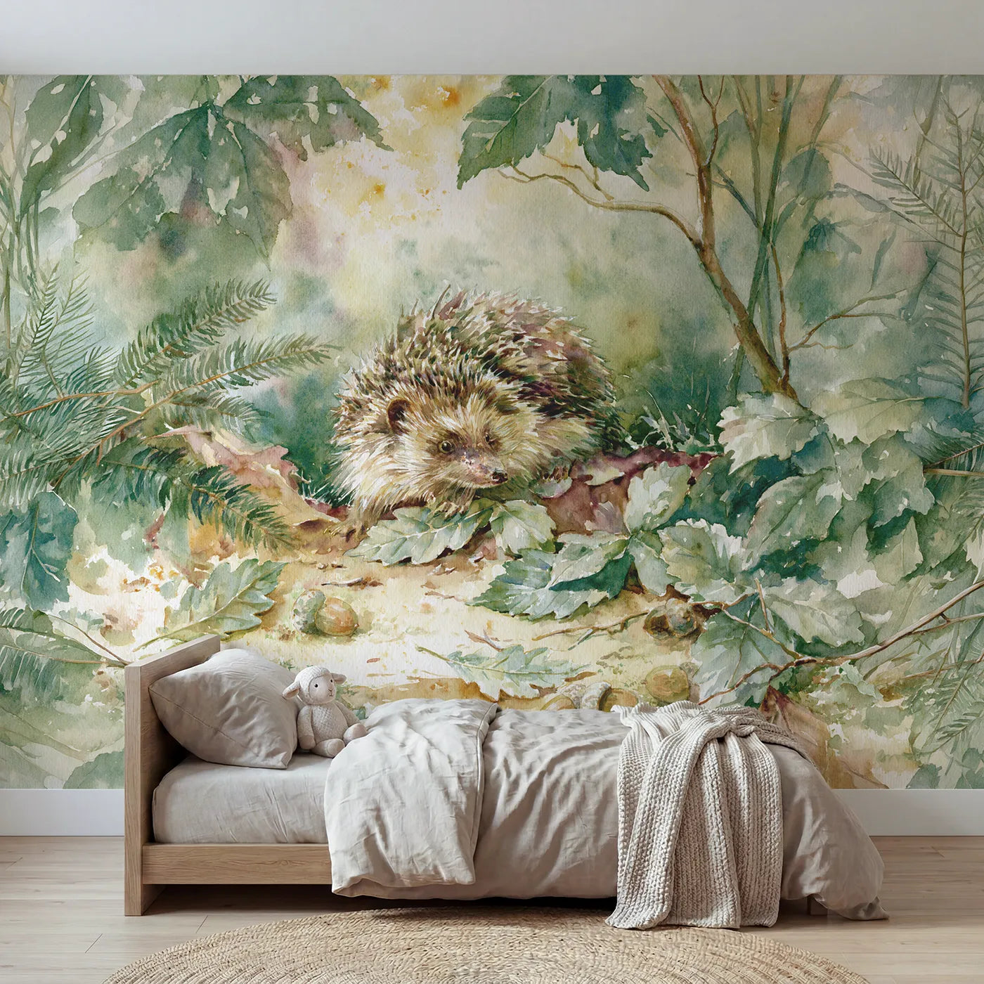 Watercolor wall mural of a hedgehog among leaves by Whimsy Tots