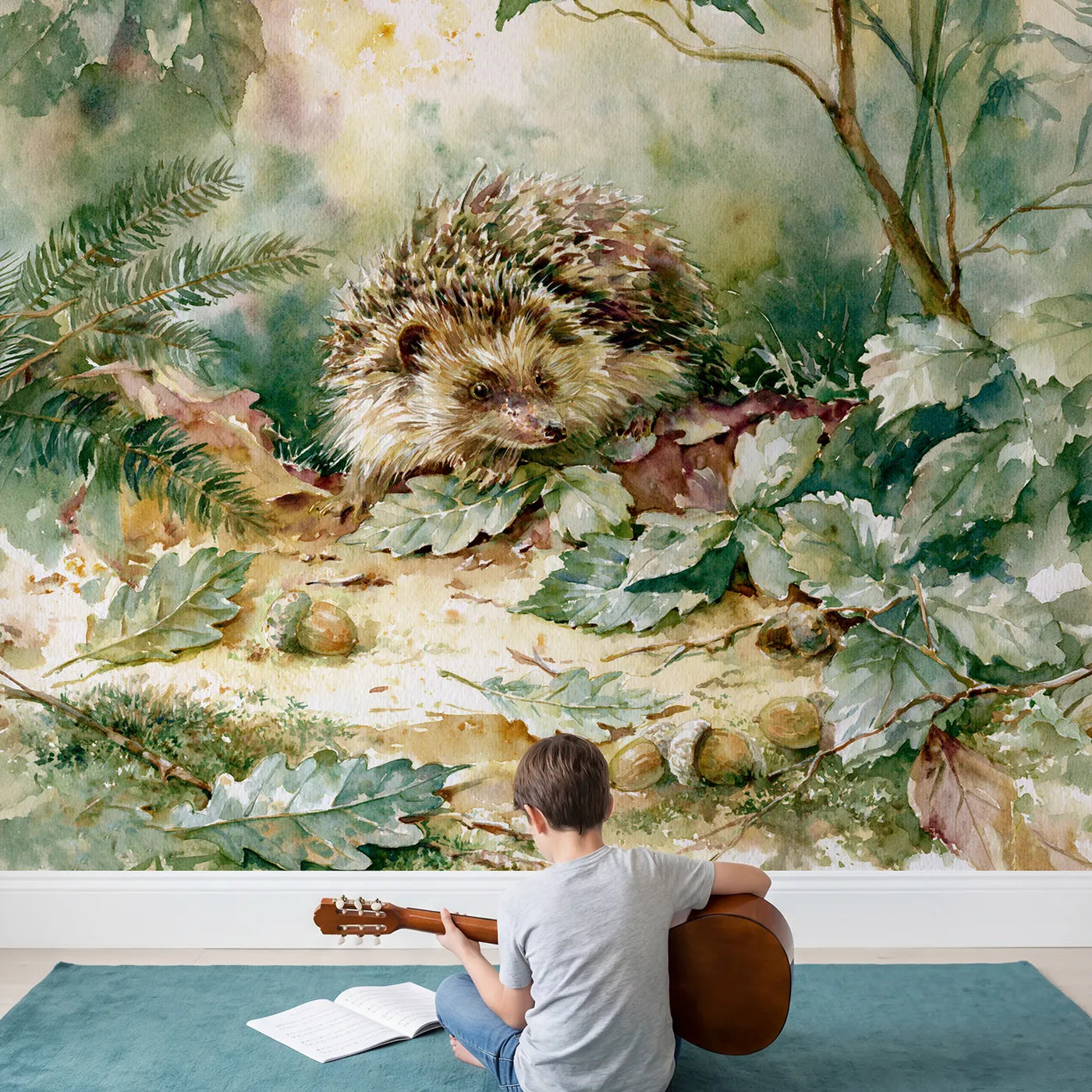 Child in nursery with Hedgehog Leaf Study Wallpaper Mural by Whimsy Tots