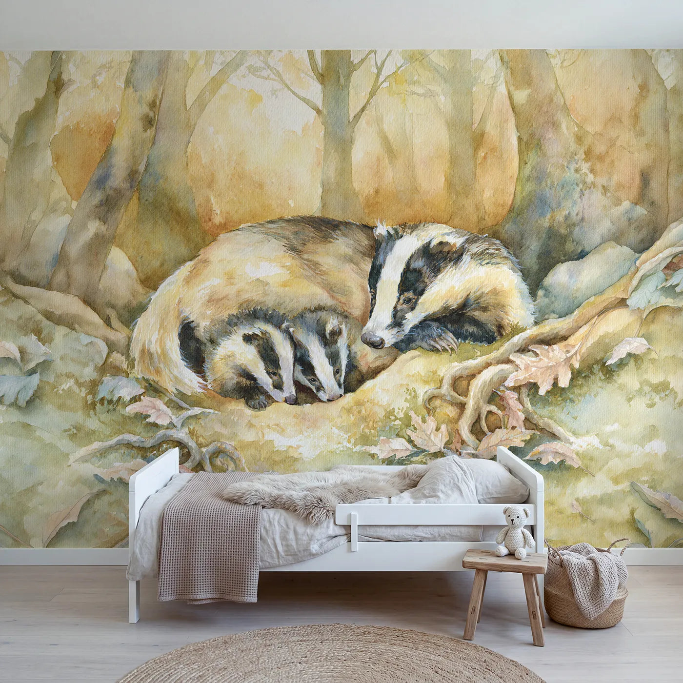 Watercolor wall mural of a badger and cubs at a sett by Whimsy Tots