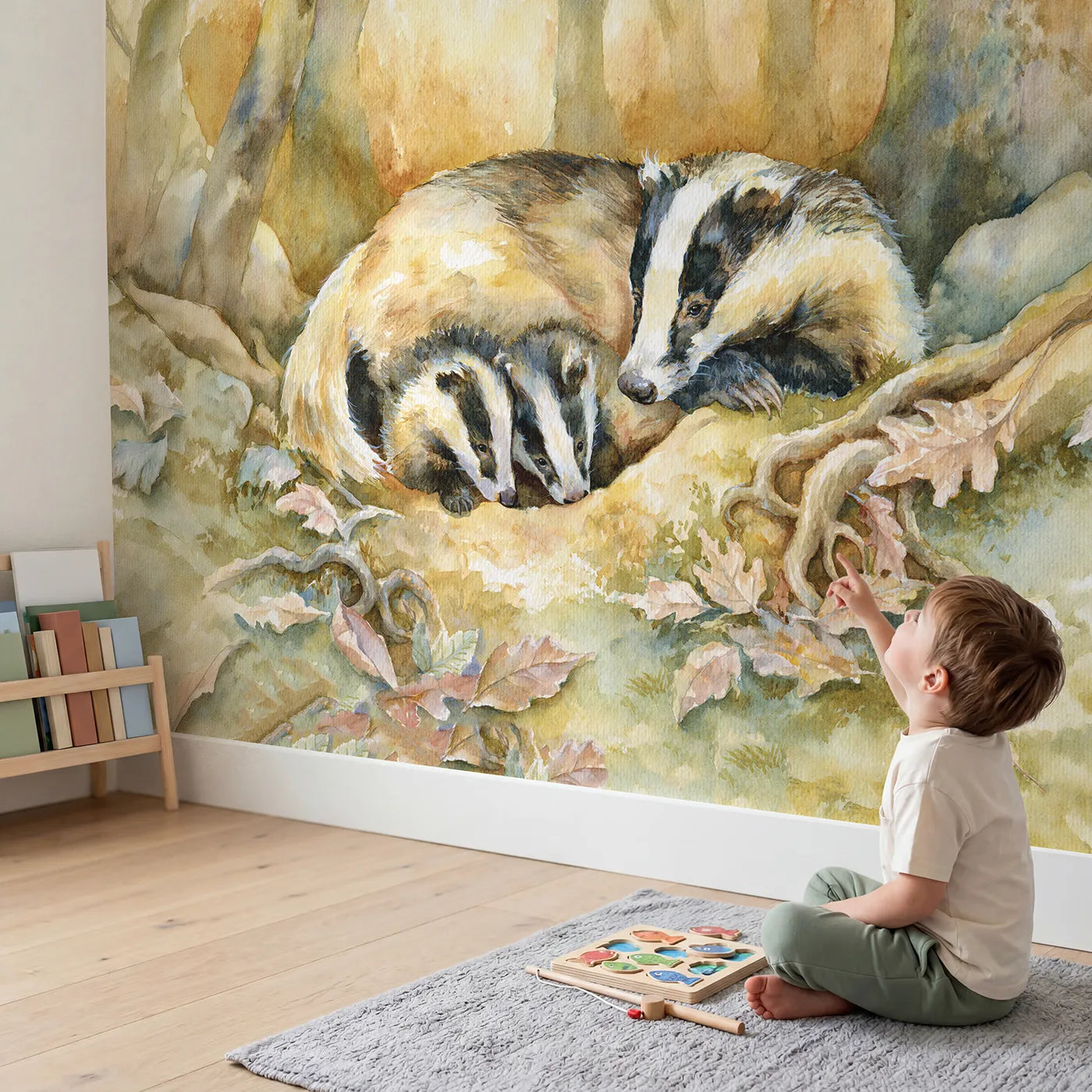 Child in nursery with Badger Cubs Sett Wallpaper Mural by Whimsy Tots