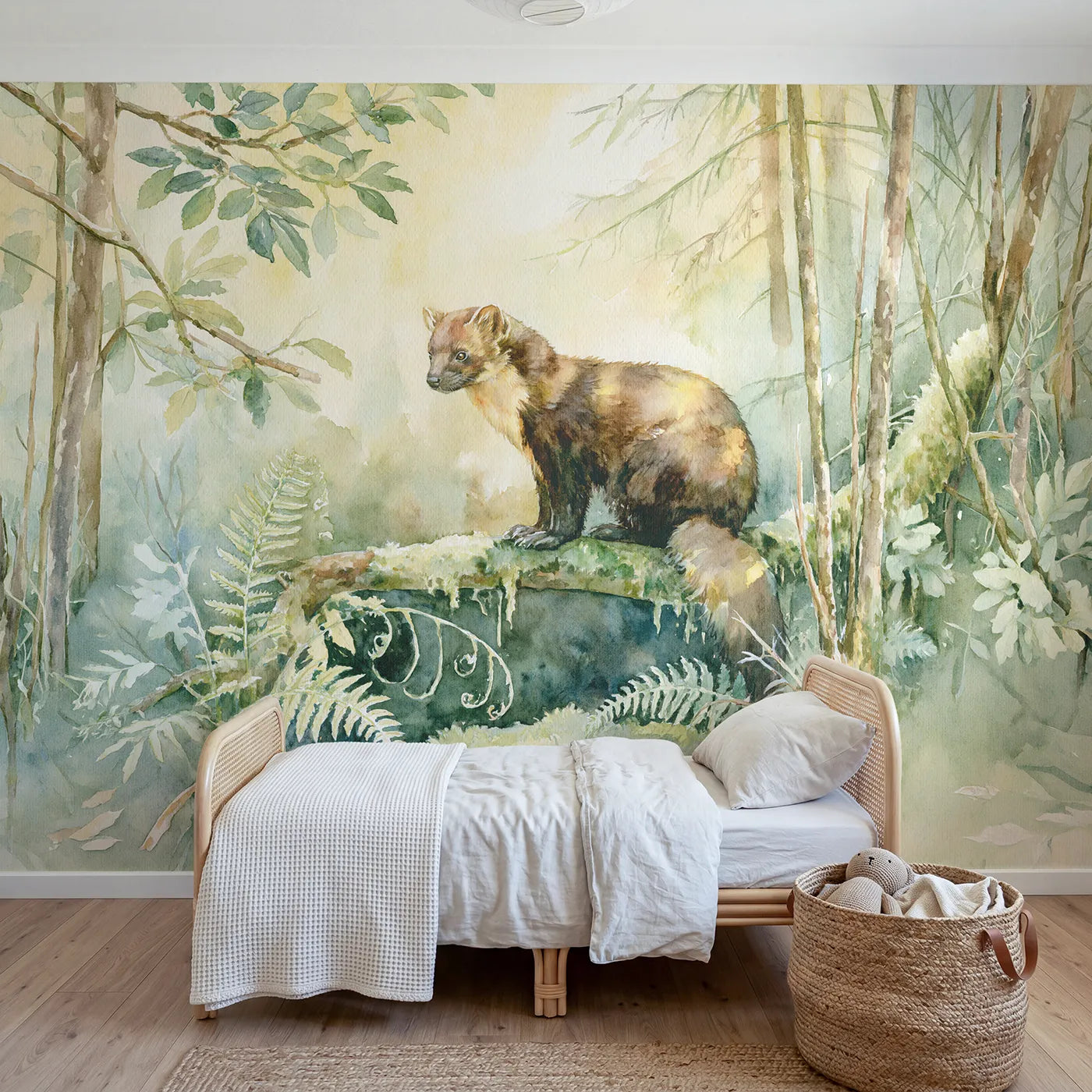 Watercolor wall mural of a pine marten on moss by Whimsy Tots