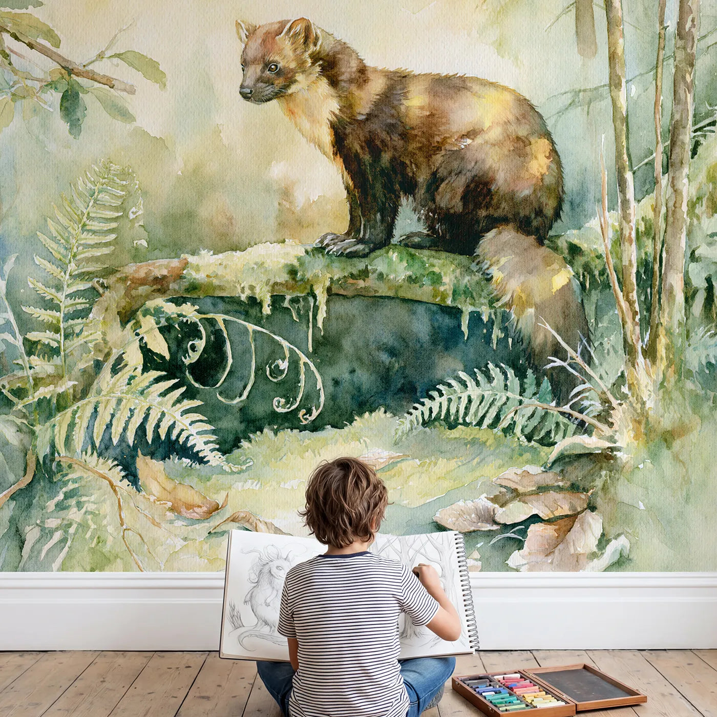 Child in nursery with Pine Marten Branch Wallpaper Mural by Whimsy Tots