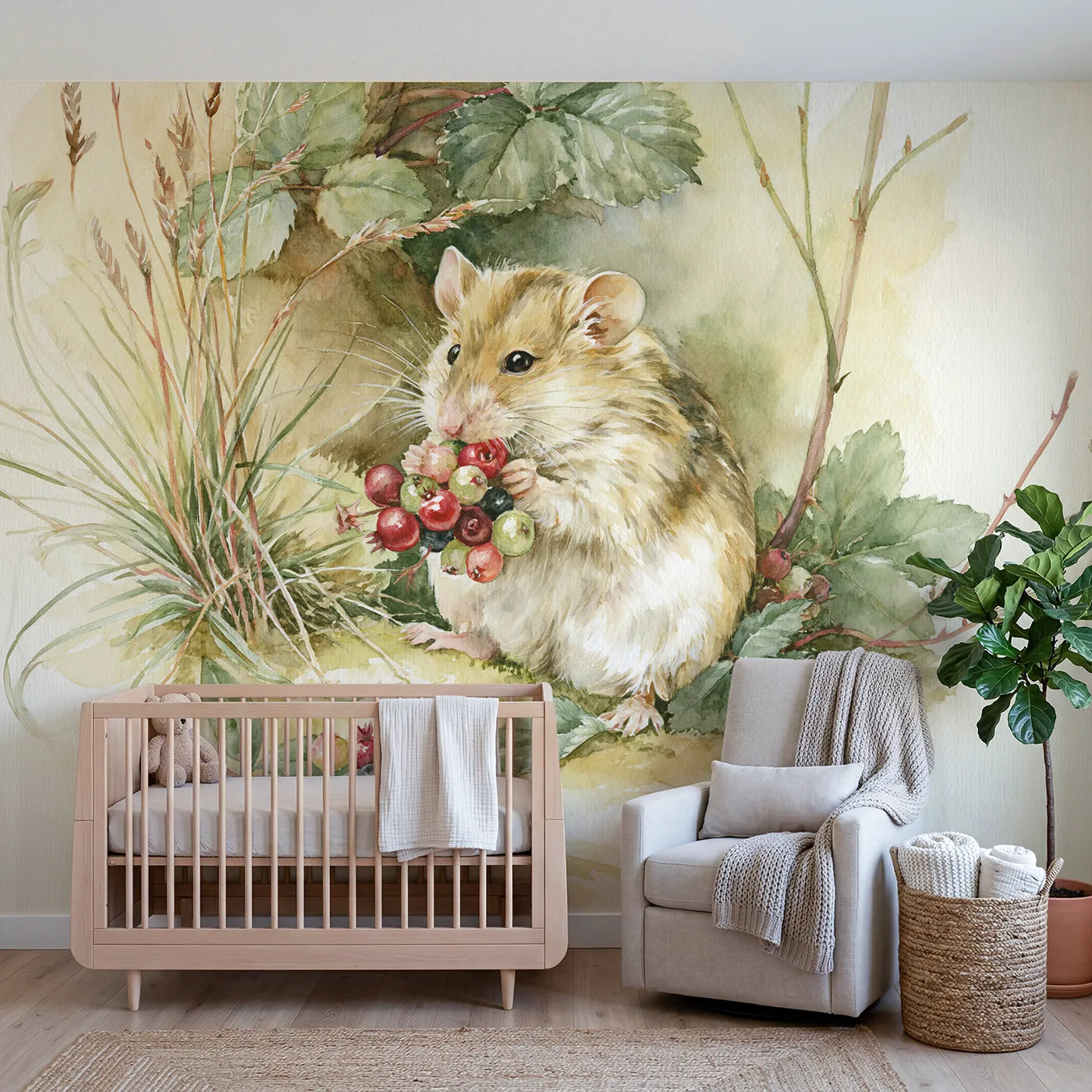 Watercolor wall mural of a dormouse with berries by Whimsy Tots
