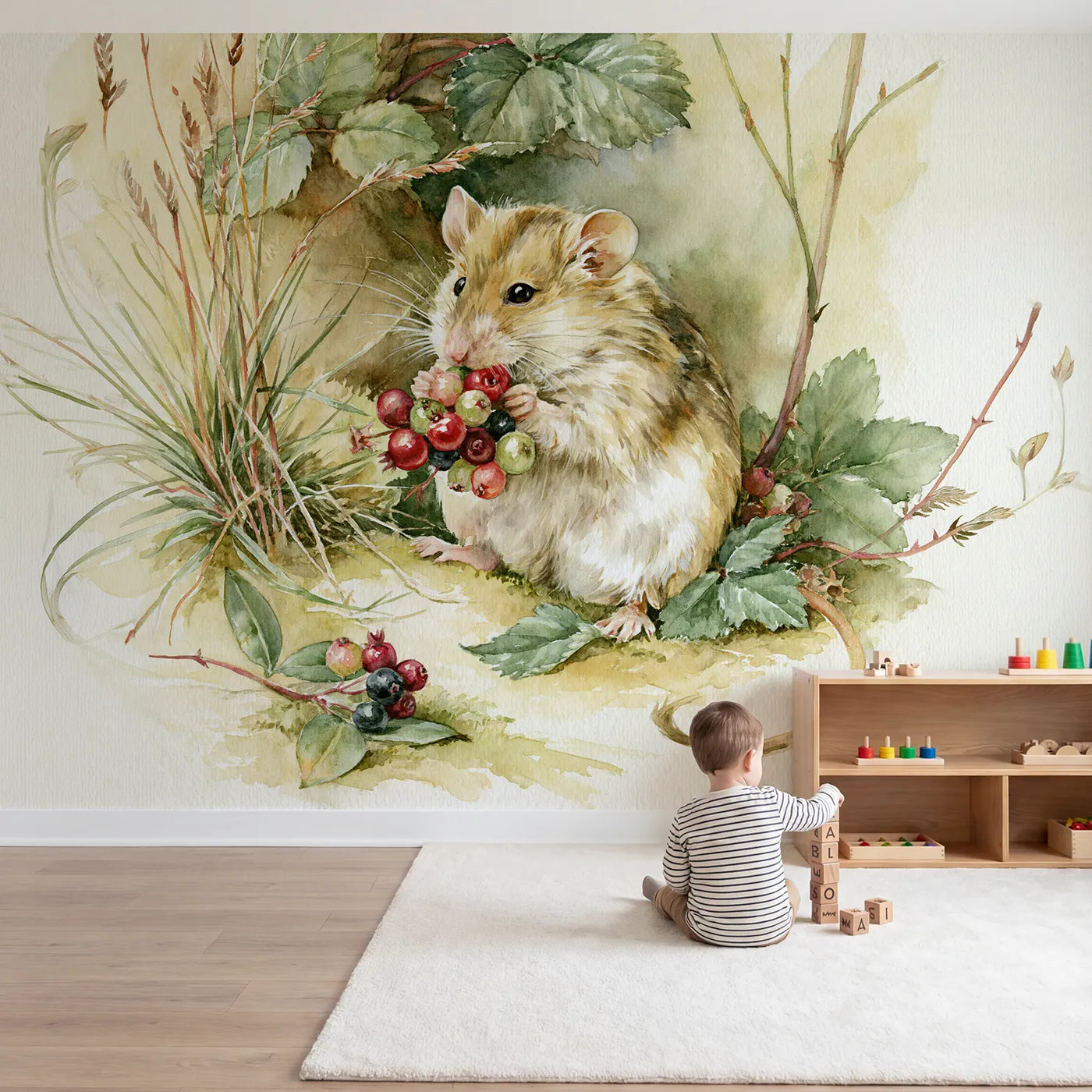 Child in nursery with Dormouse and Berries Wallpaper Mural by Whimsy Tots