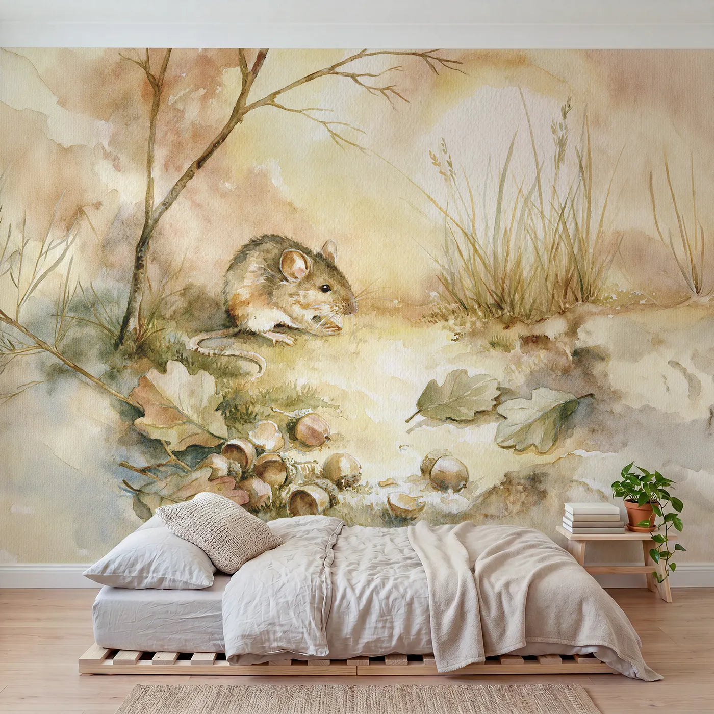 Watercolor wall mural of a wood mouse with acorns by Whimsy Tots