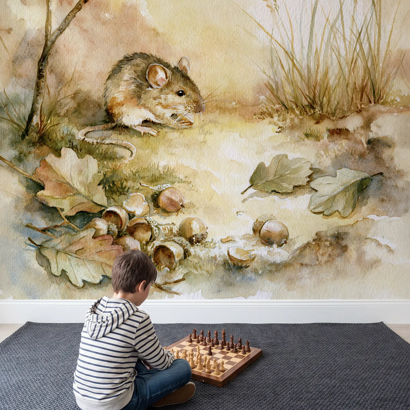 Child in nursery with Wood Mouse Acorns Wallpaper Mural by Whimsy Tots