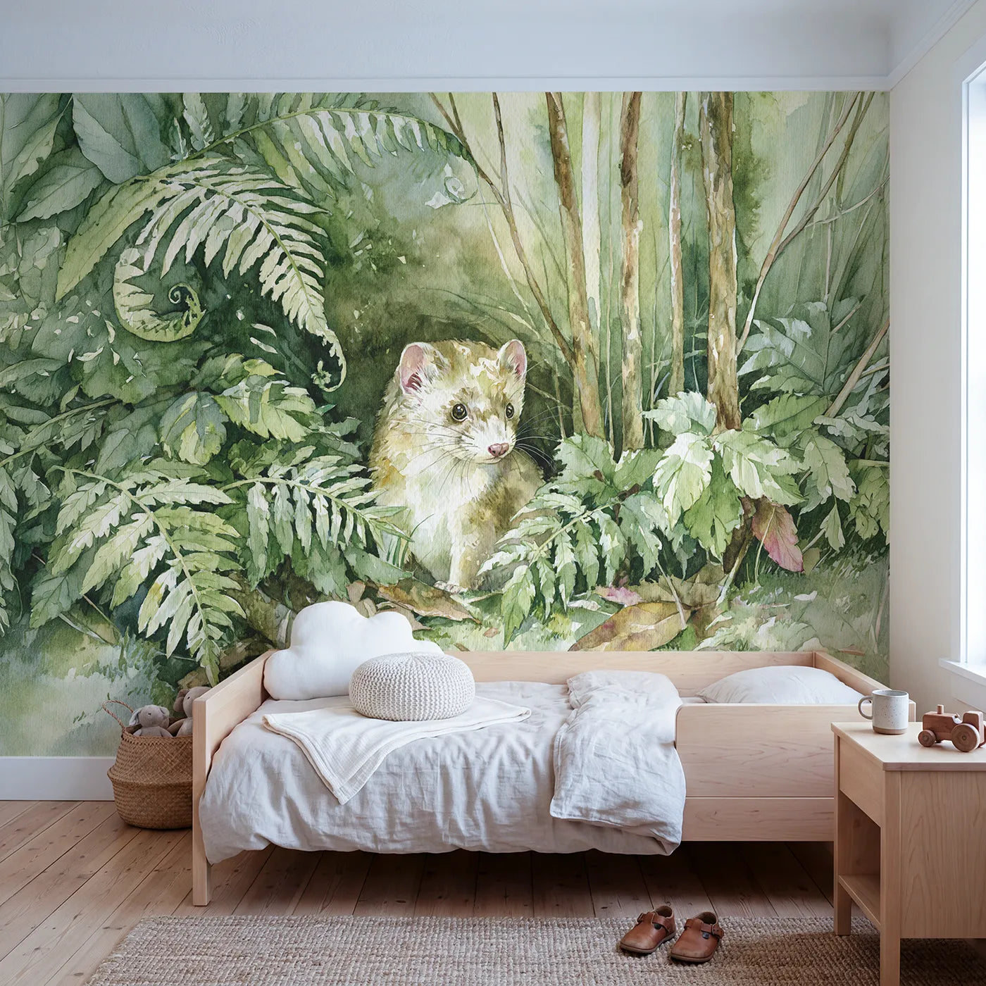 Watercolor wall mural of a stoat peering from ferns by Whimsy Tots