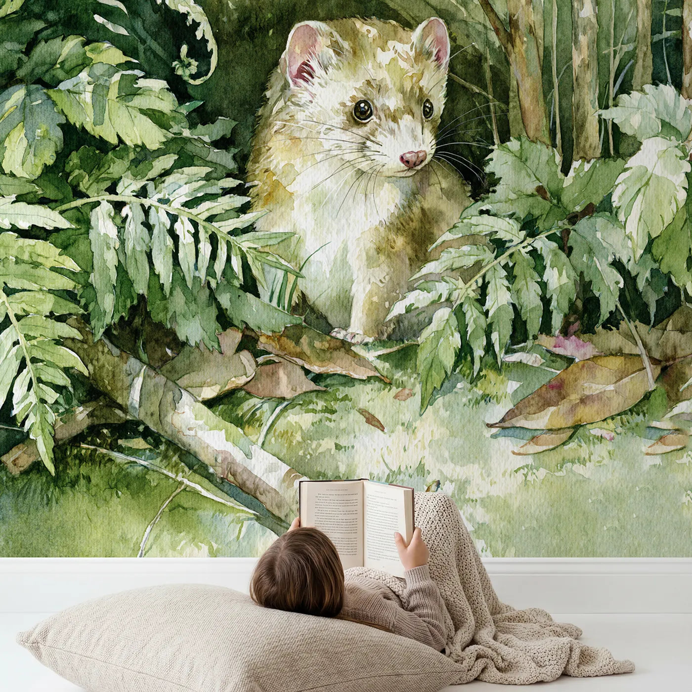 Child in nursery with Stoat in Ferns Wallpaper Mural by Whimsy Tots