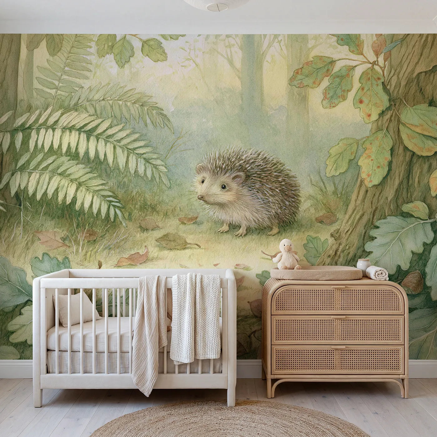 Storybook wall mural of a friendly hedgehog pal by Whimsy Tots