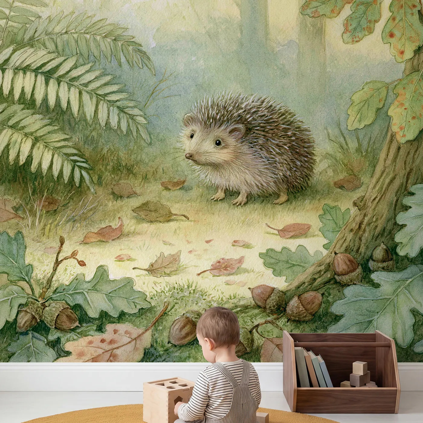 Child in nursery with Friendly Hedgehog Pal Wallpaper Mural by Whimsy Tots