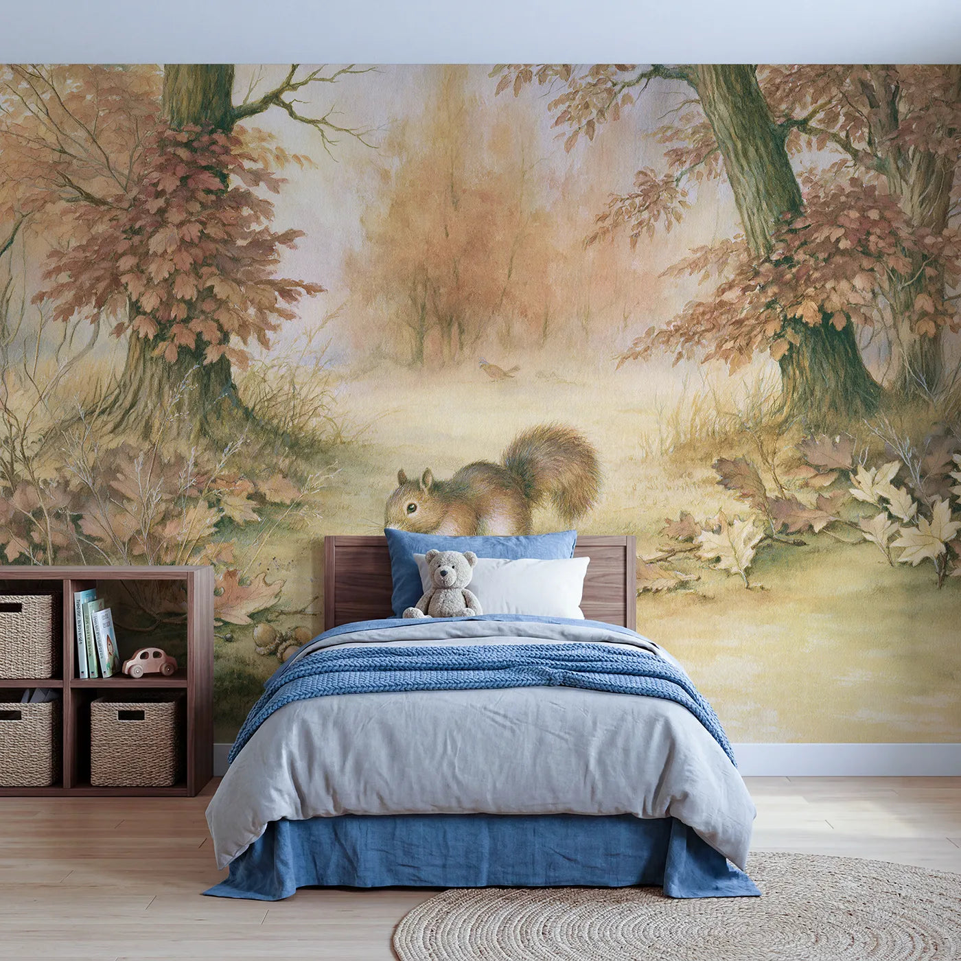 Storybook wall mural of a squirrel acorn hunt by Whimsy Tots