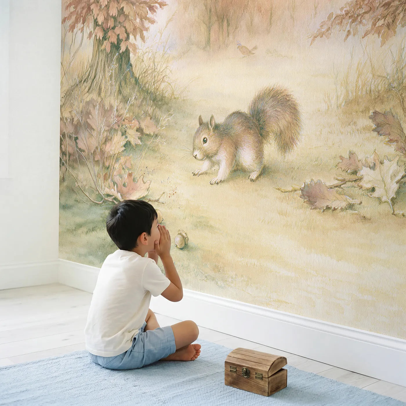Child in nursery with Squirrel Acorn Hunt Wallpaper Mural by Whimsy Tots