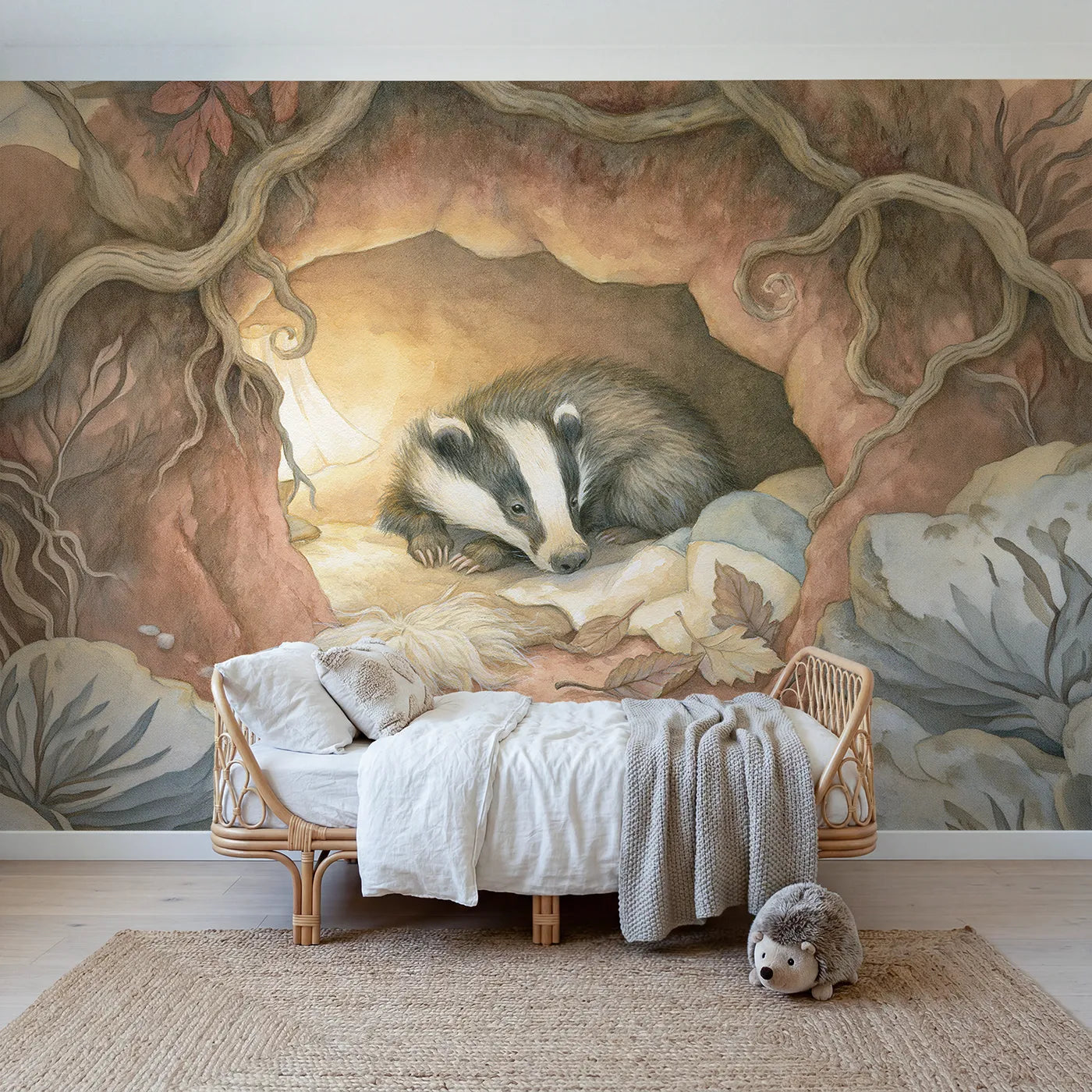 Storybook wall mural of a cozy badger burrow by Whimsy Tots