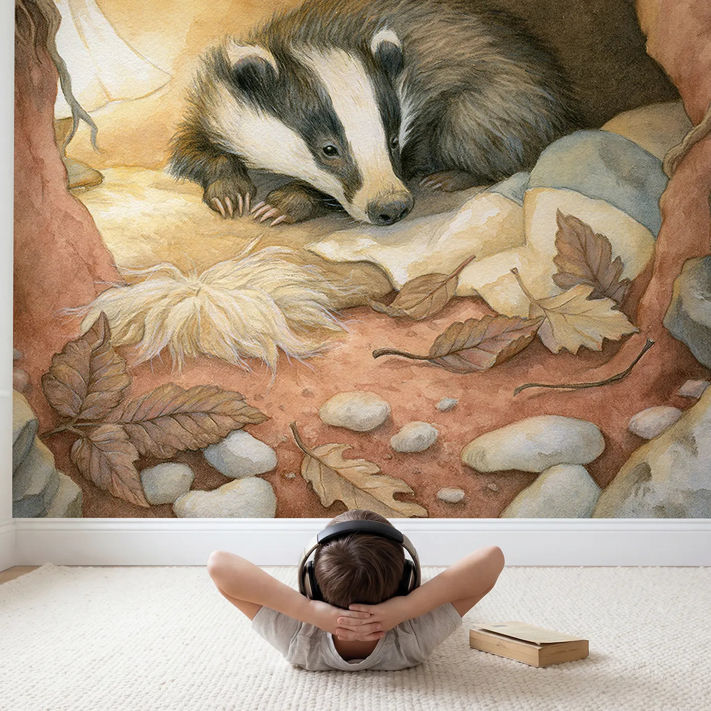 Child in nursery with Cozy Badger Burrow Wallpaper Mural by Whimsy Tots