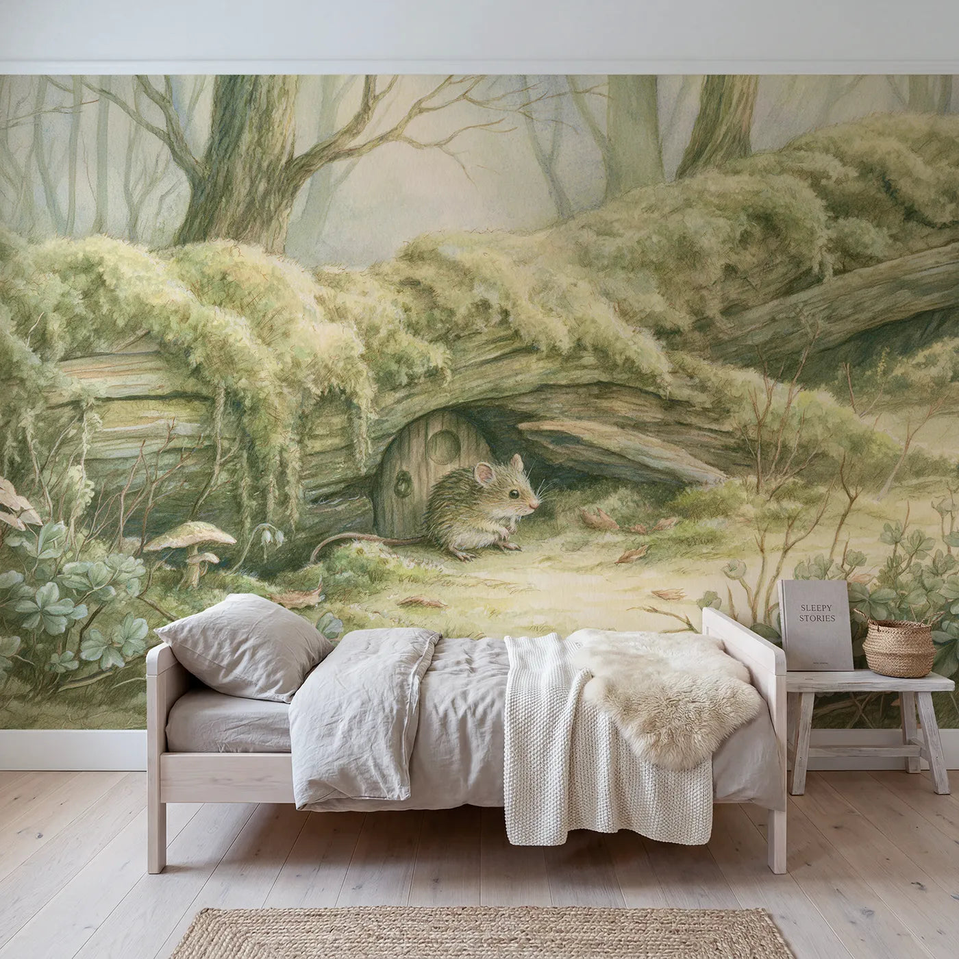 Storybook wall mural of a little mouse log house by Whimsy Tots