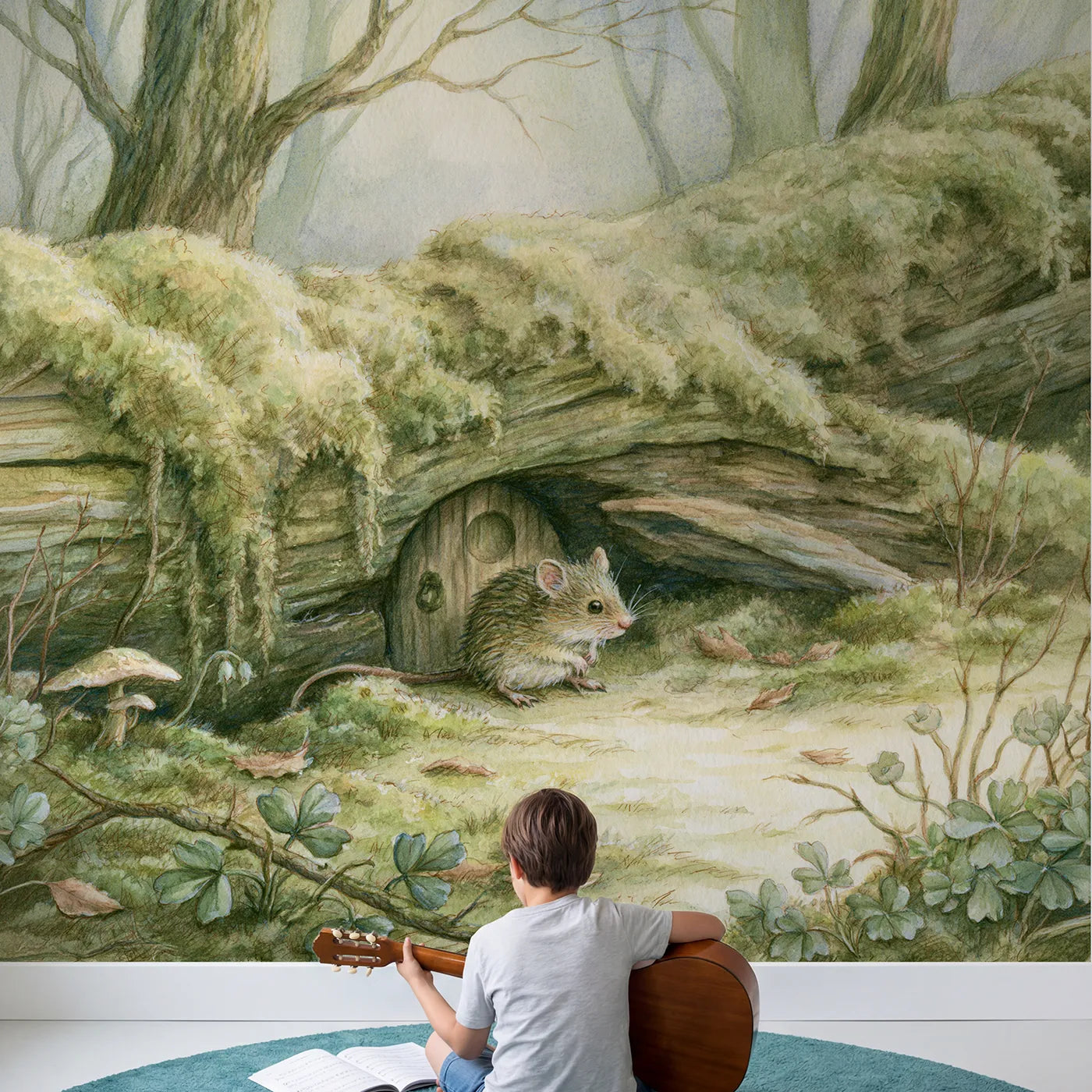 Child in nursery with Little Mouse House Wallpaper Mural by Whimsy Tots