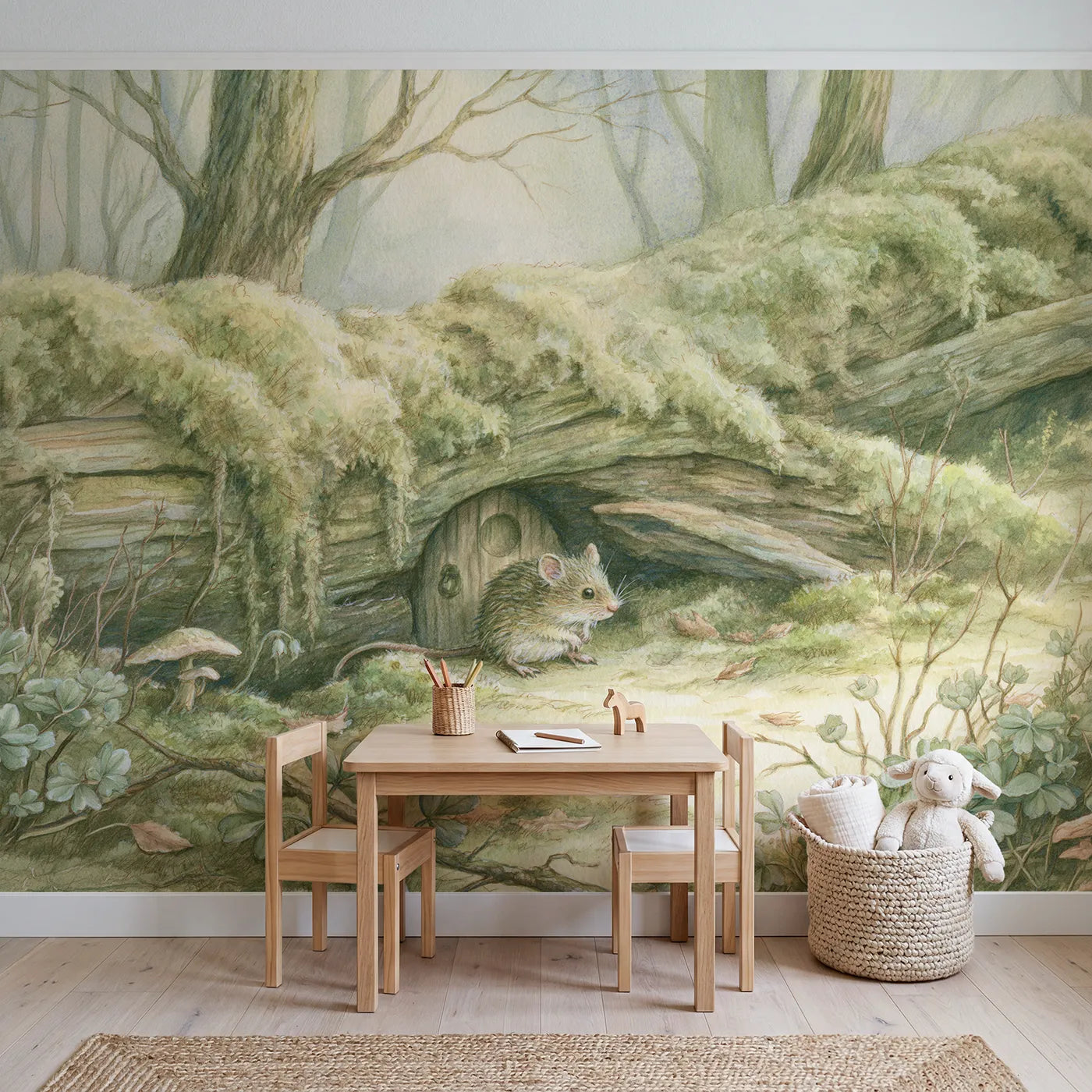 Little Mouse House Wallpaper Mural in playroom setting by Whimsy Tots