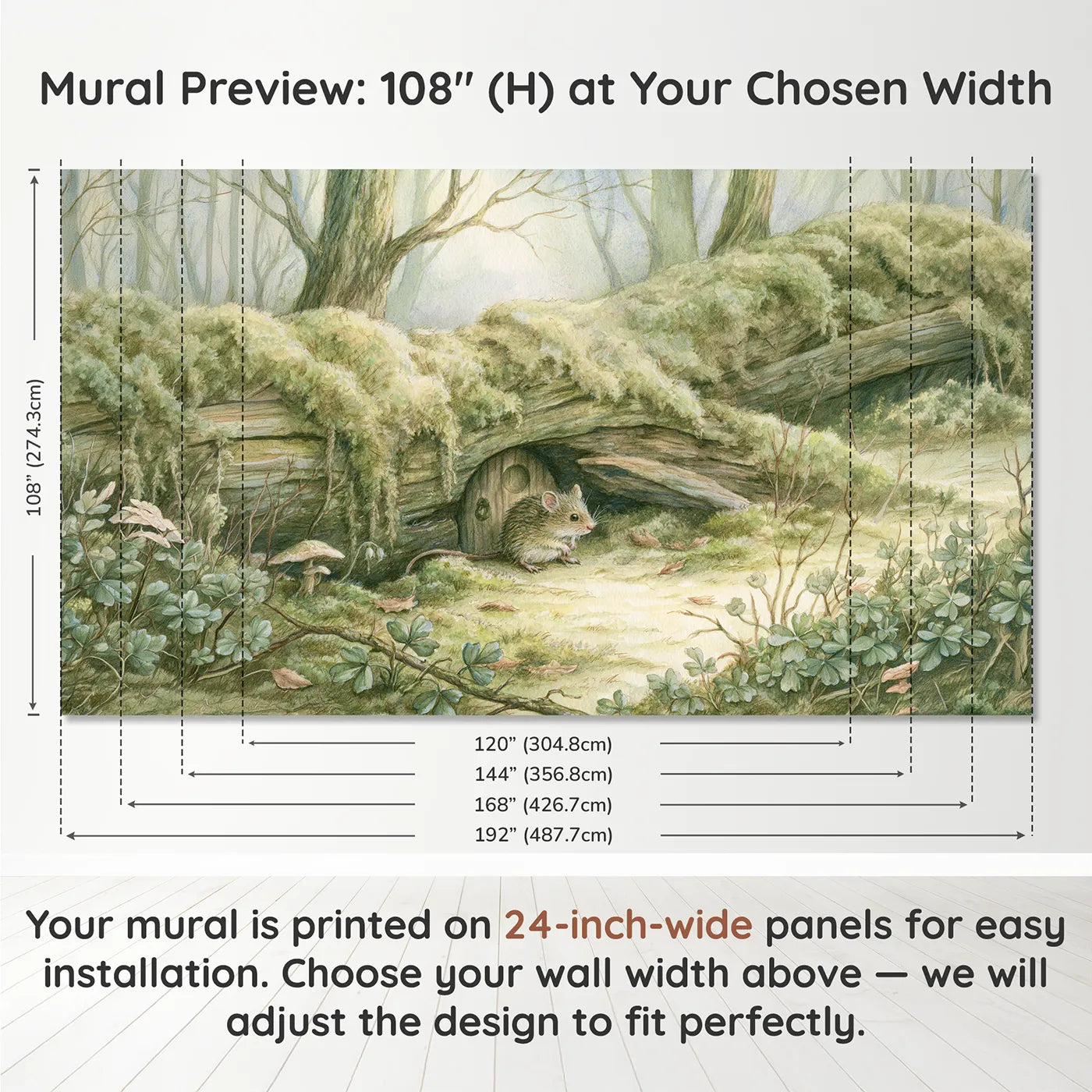 Panel layout and dimensions for Little Mouse House Wallpaper Mural by Whimsy Tots